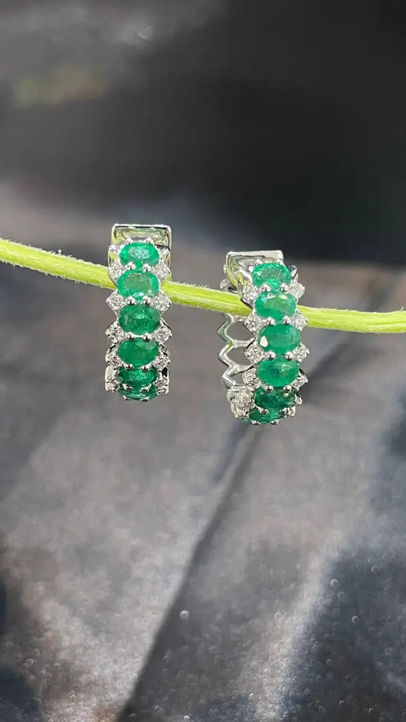 18K Gold Emerald Diamond Designer Hoop Earrings Image
