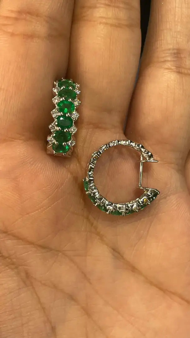 18K Gold Emerald Diamond Designer Hoop Earrings