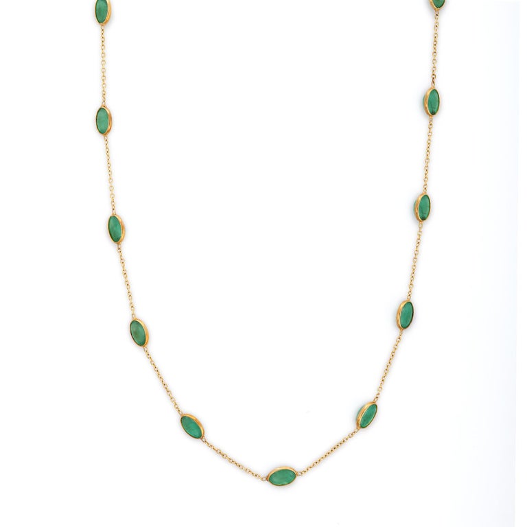 Modern 18K Yellow Gold Oval Cut 7.6 Ct Green Emerald Chain Necklace