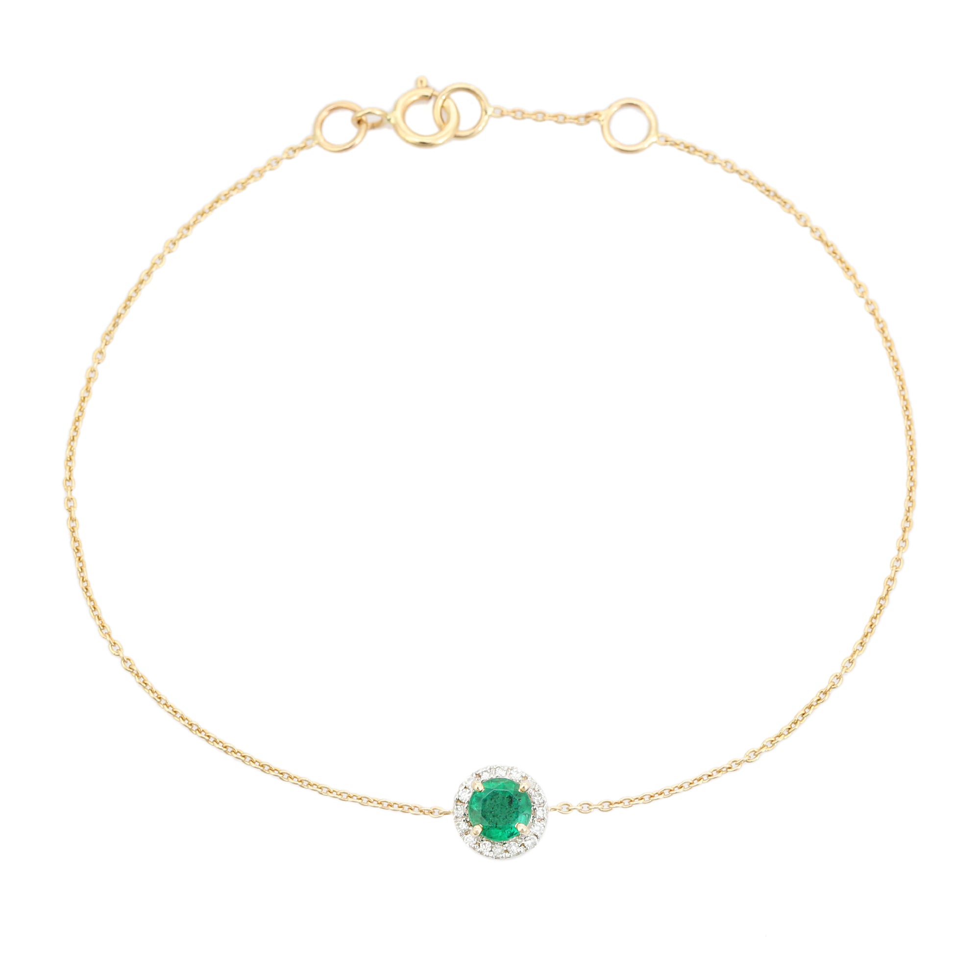 14K Modern Round Emerald Bracelet with Halo Diamonds