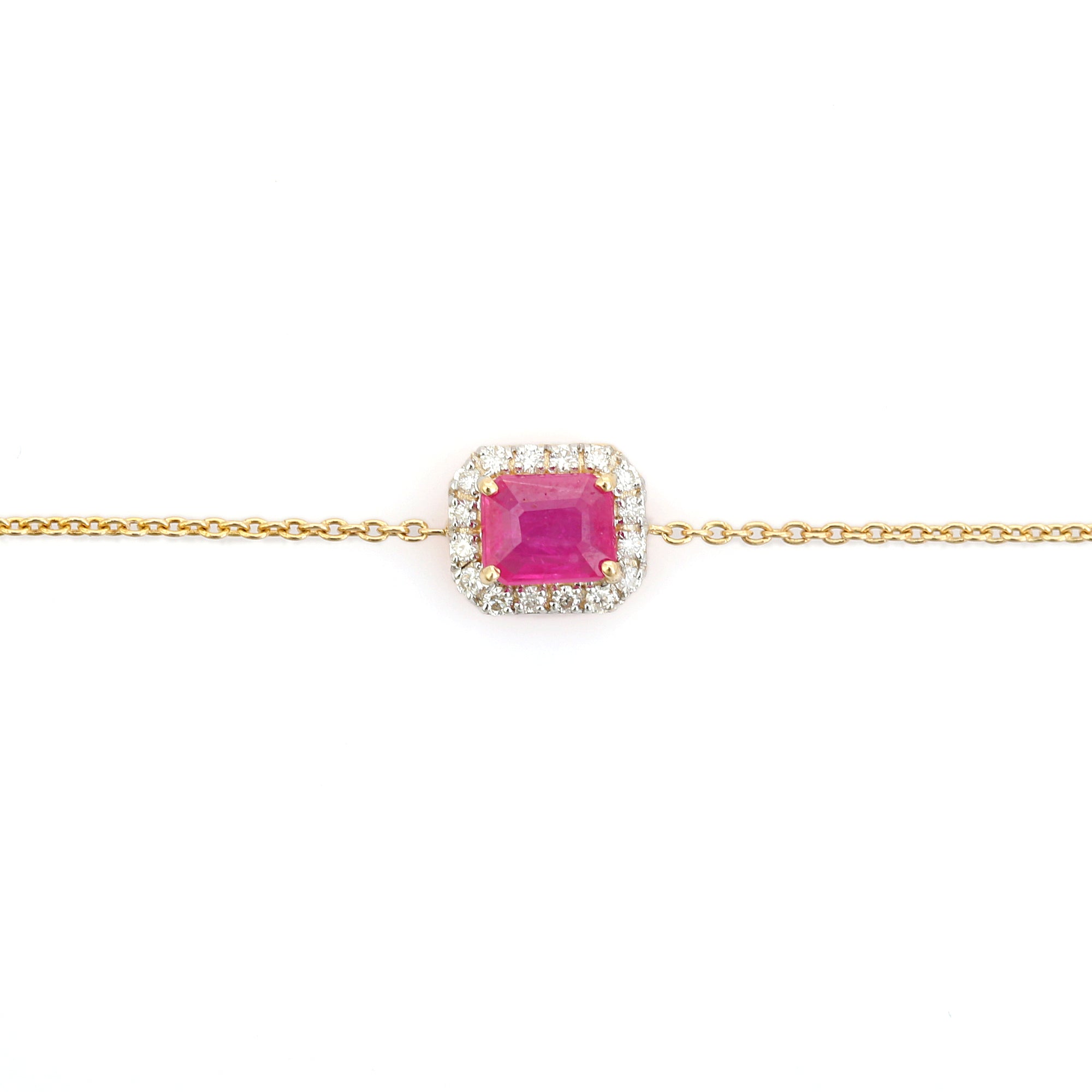 14K Prong Set Ruby Halo Diamond Chain Bracelet For Her