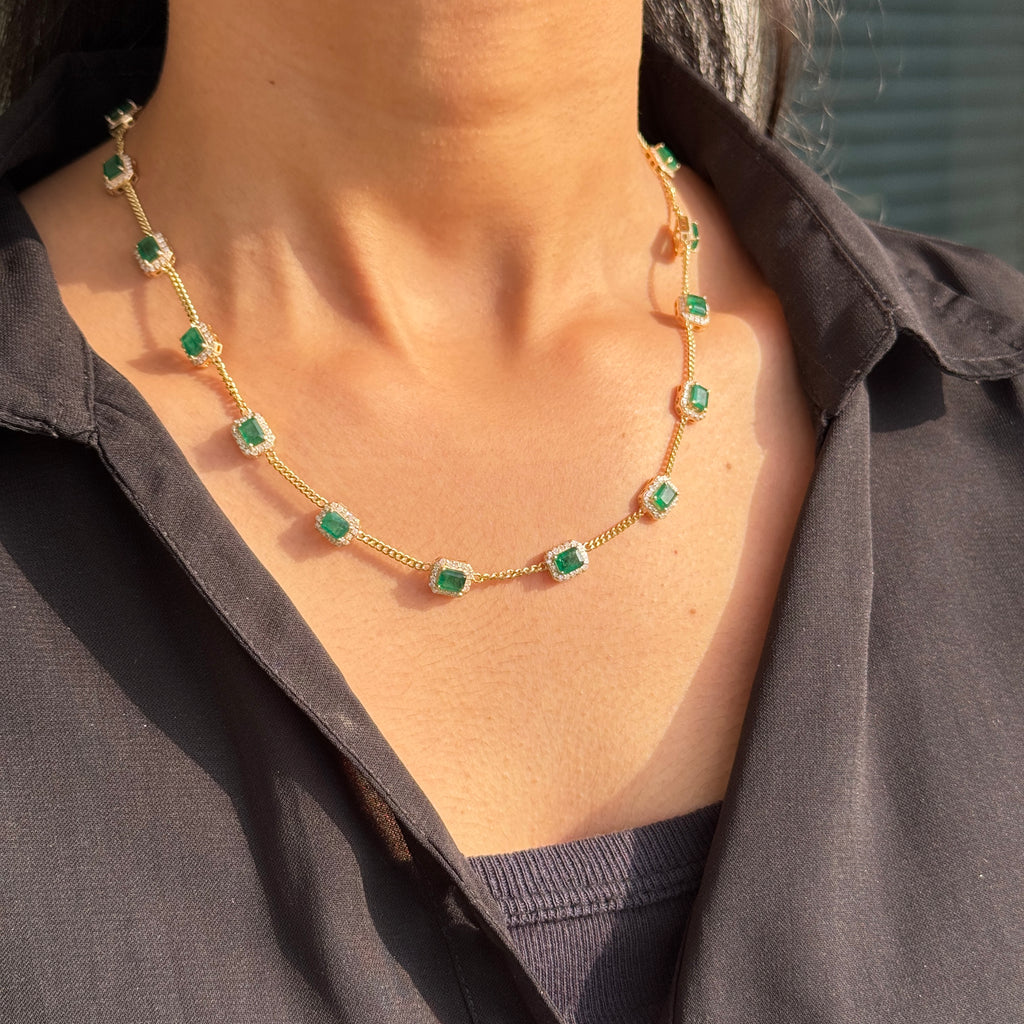 14K Gold Octagon 6.2 Ct Emerald & Diamond Halo Vintage Necklace Image