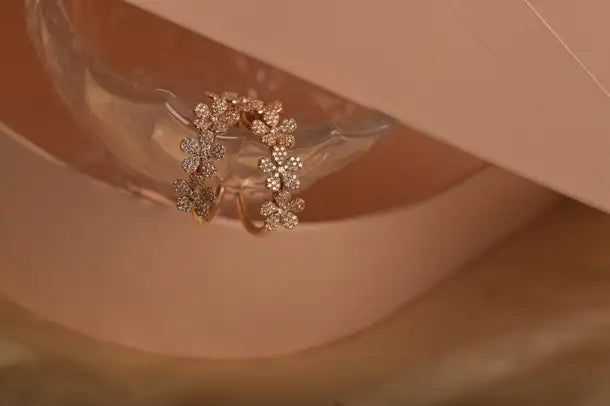 18K Solid Rose Gold Floral Diamond Earrings Image
