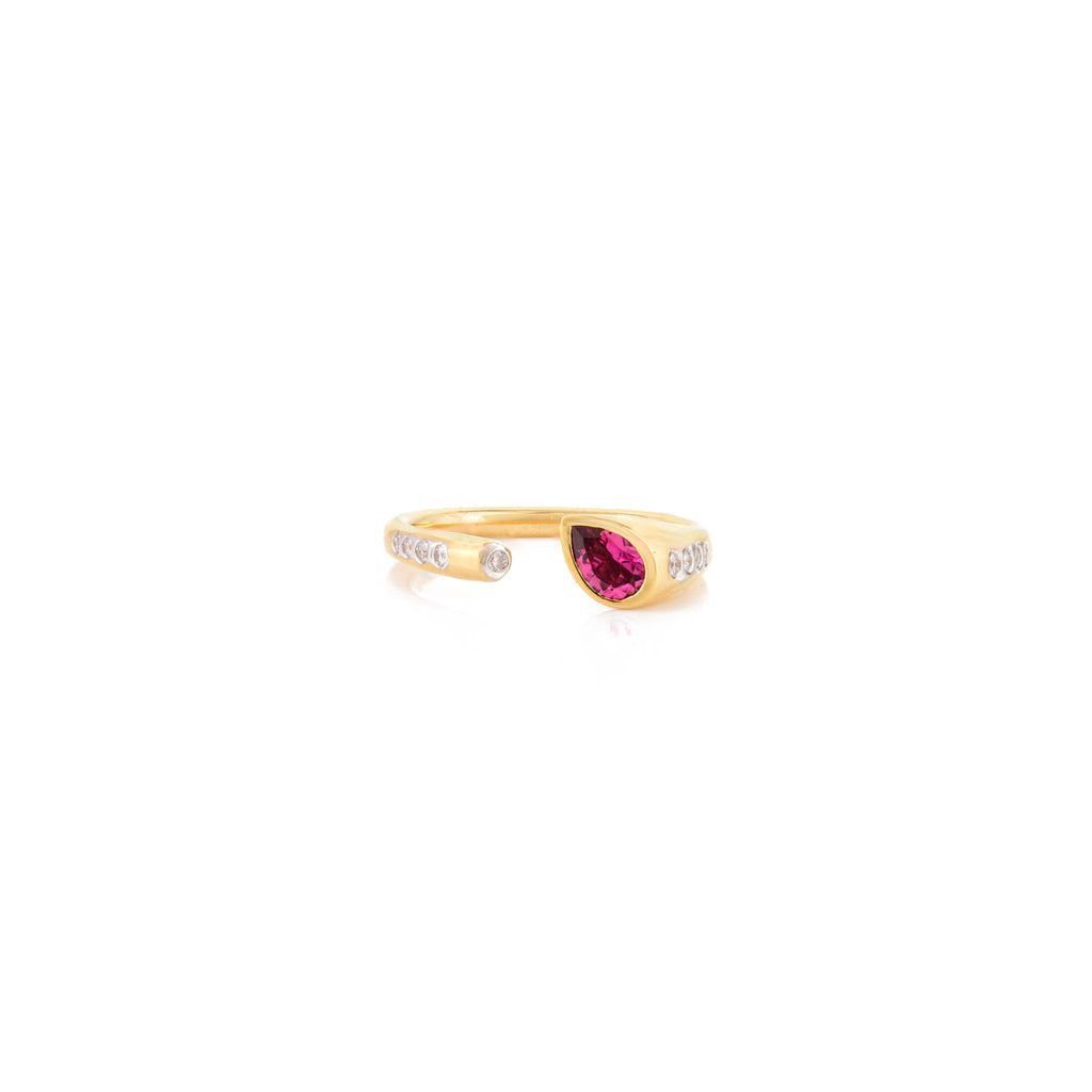 14K Solid Yellow Gold Modernist Pear Cut Ruby Open Ring Image