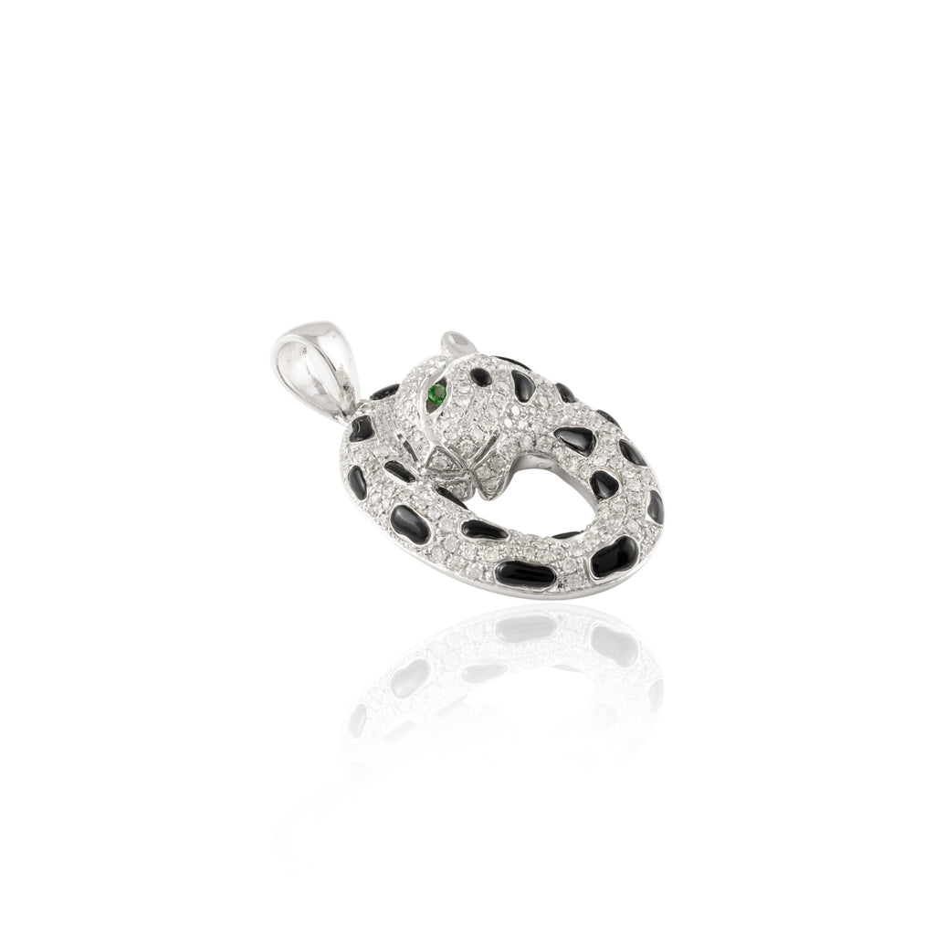 14k Solid White Gold Panther Diamond Onyx Pendant Image