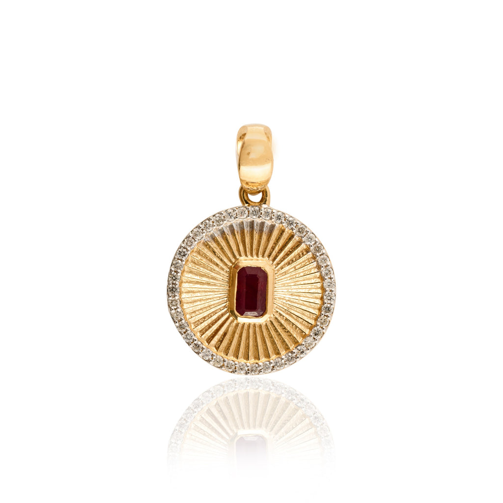 18K Centered Ruby Halo Diamond Striped Medallion Coin Pendant Image