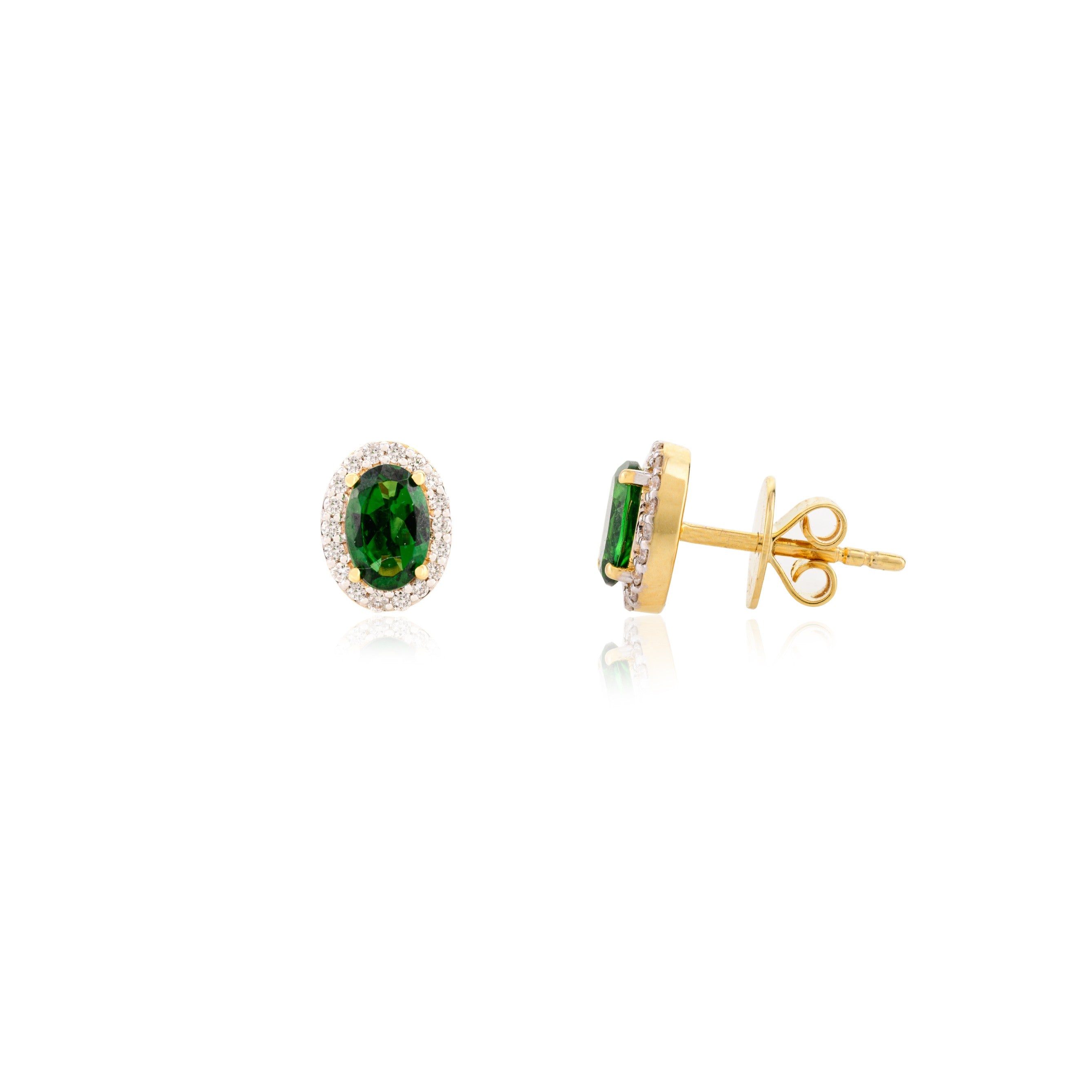 14K Solid Yellow Gold Tourmaline Halo Diamond Stud Earrings