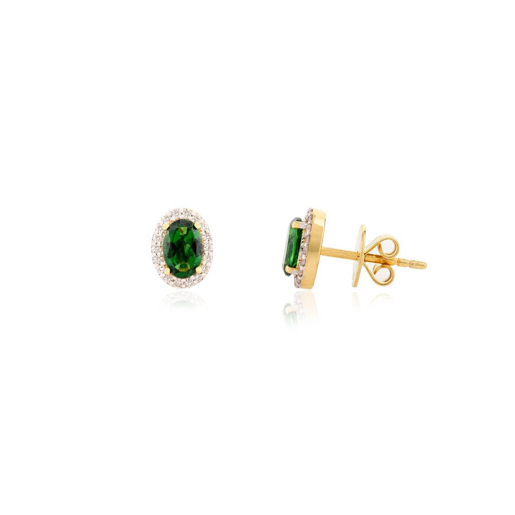 14K Solid Yellow Gold Tourmaline Halo Diamond Stud Earrings Image