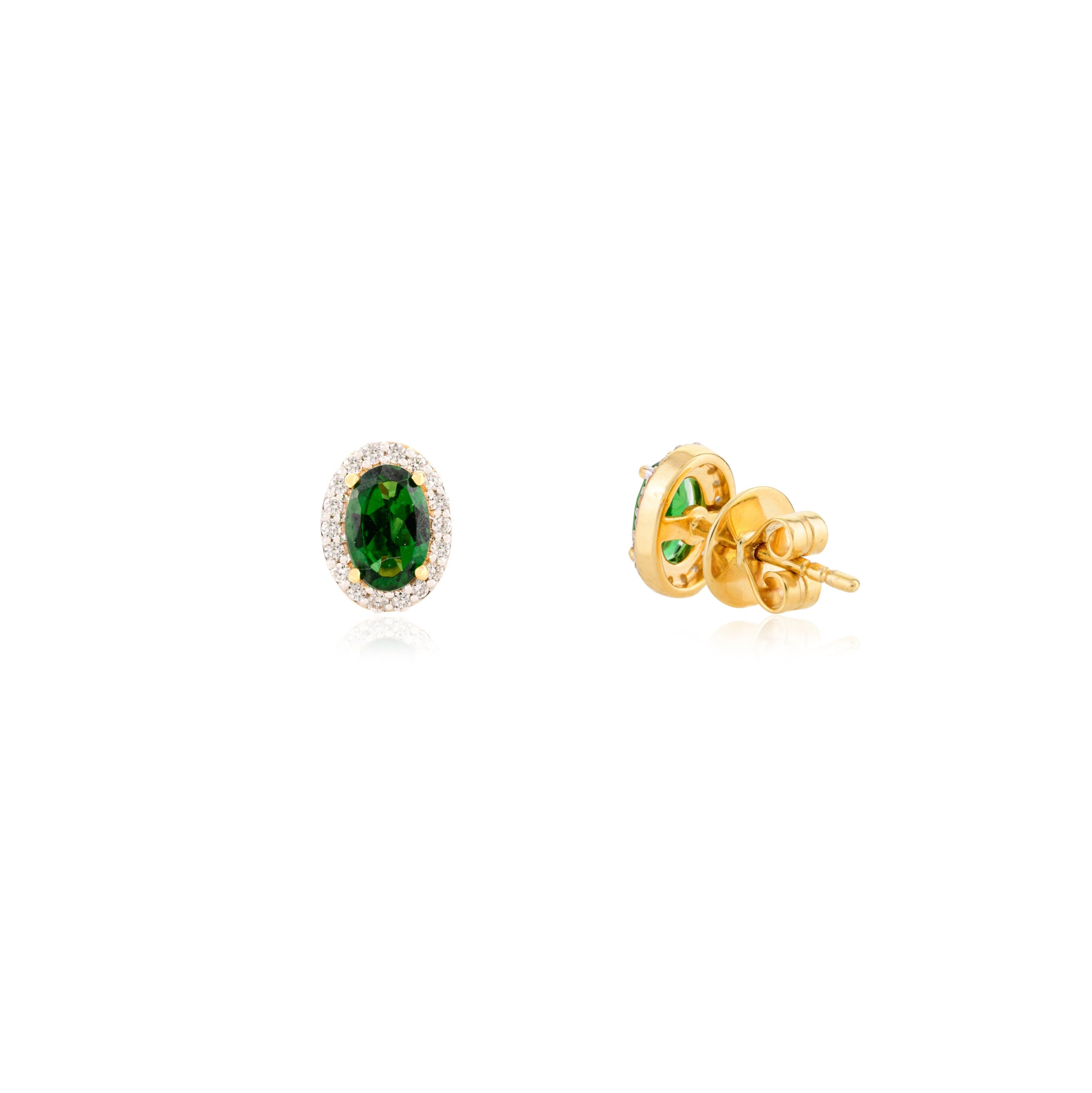 14K Solid Yellow Gold Tourmaline Halo Diamond Stud Earrings