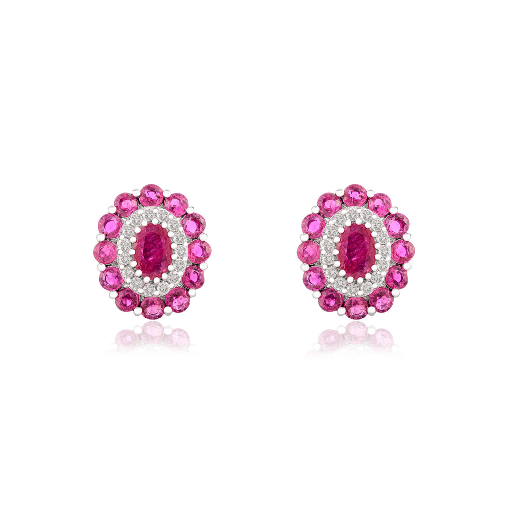 14K Solid White Gold Ruby Diamond Cluster Studs Image