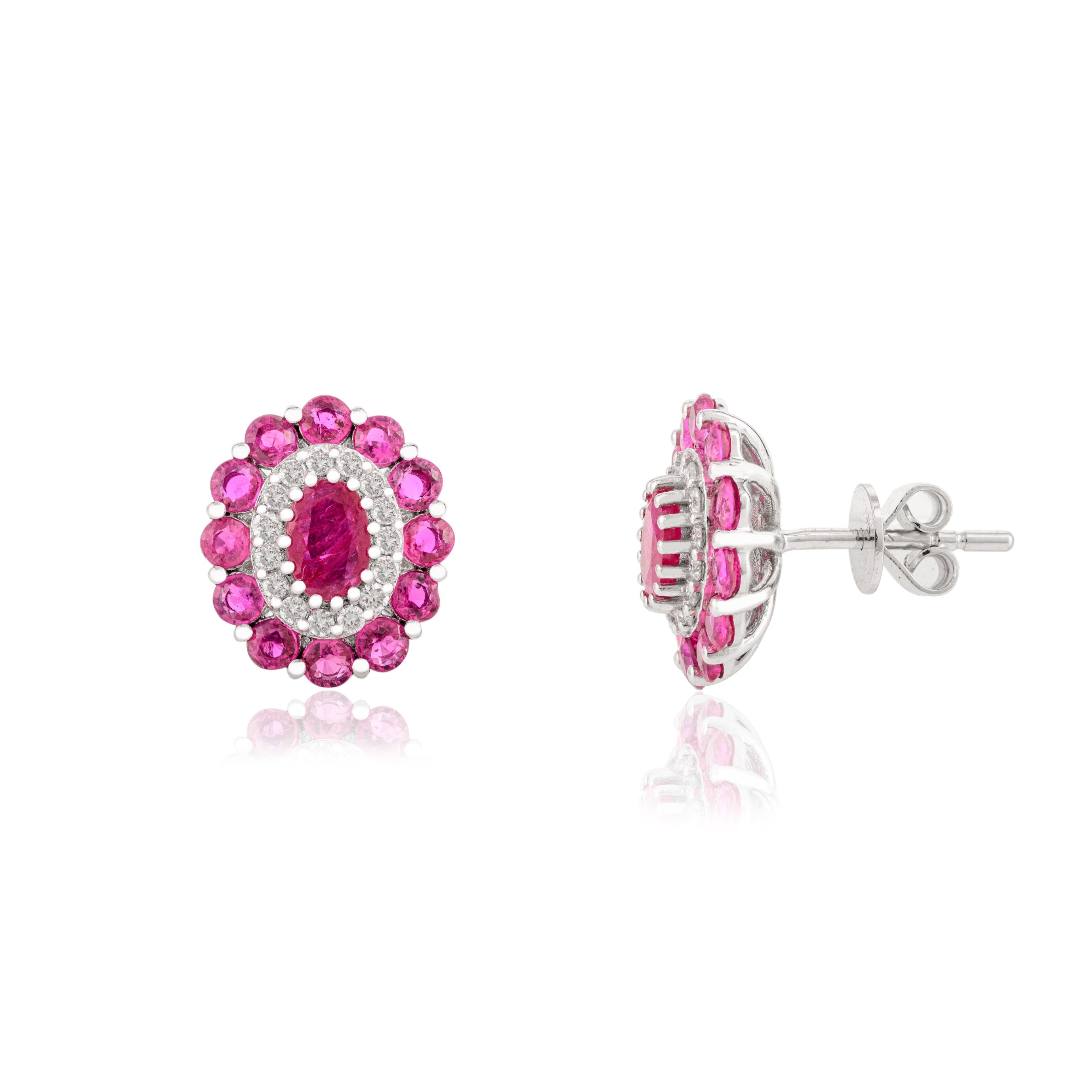 14K Solid White Gold Ruby Diamond Cluster Studs