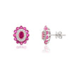 14K Solid White Gold Ruby Diamond Cluster Studs Thumbnail