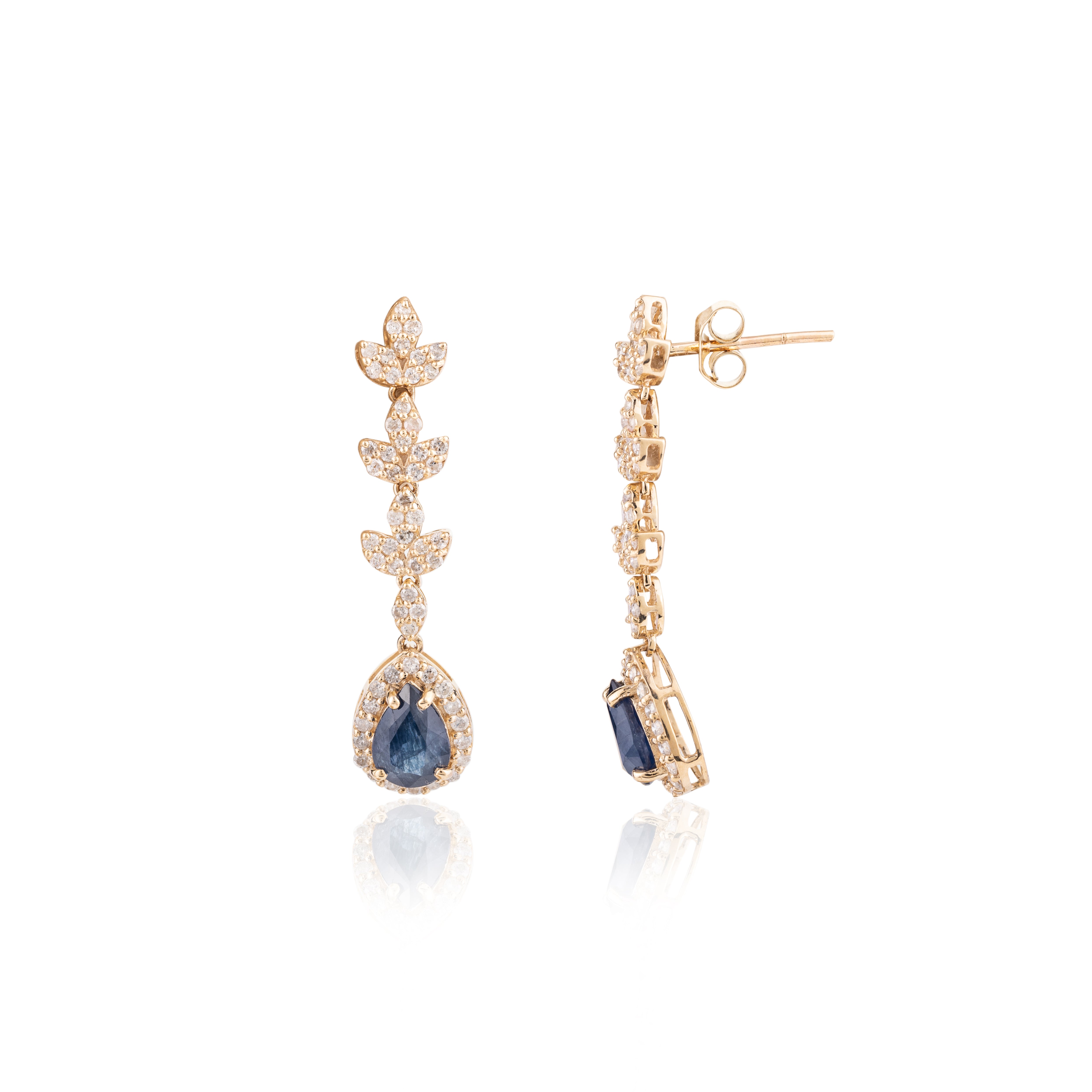 14K Gold Blue Sapphire Diamond Dangle Earrings