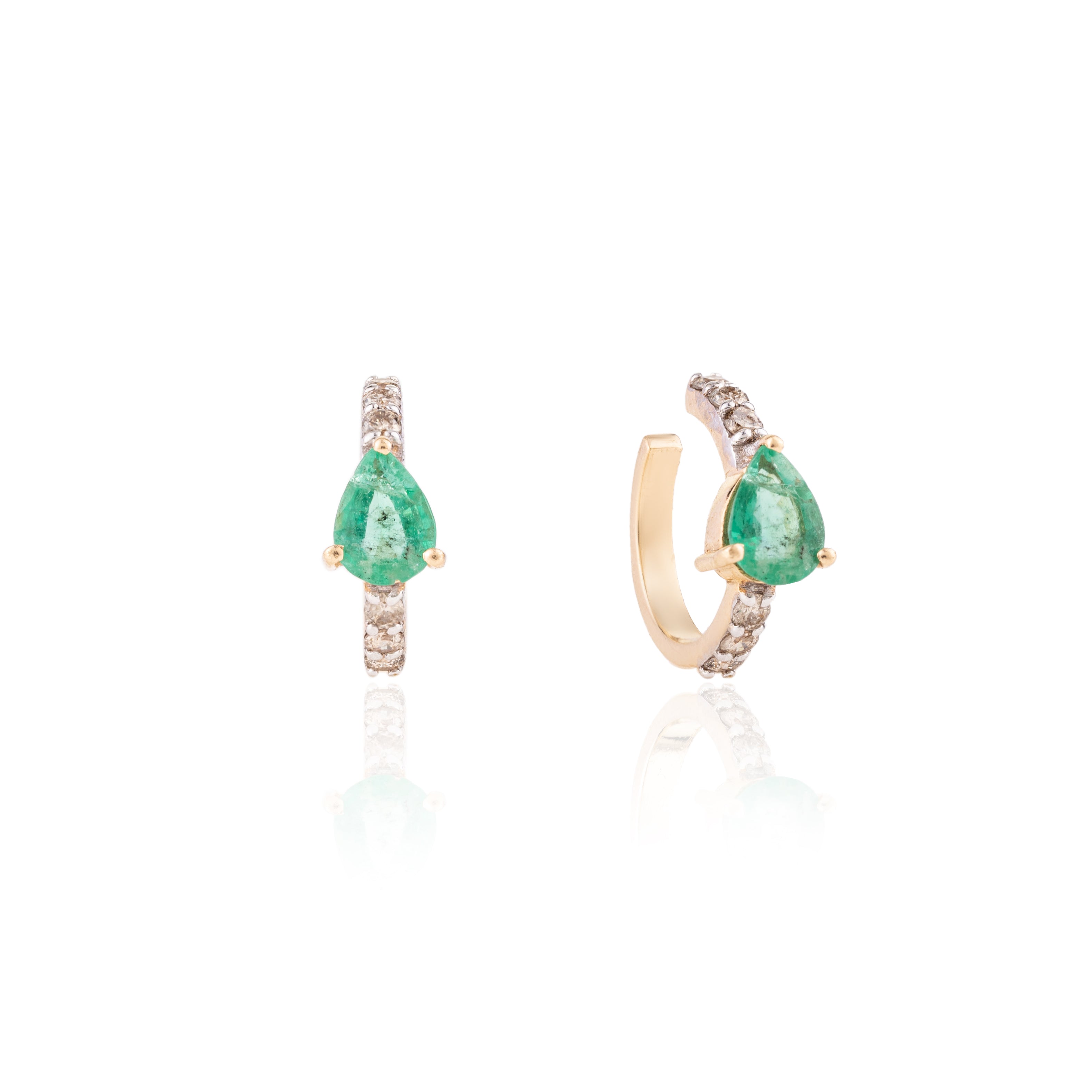 18K Gold Emerald Diamond Helix Cuff Earrings