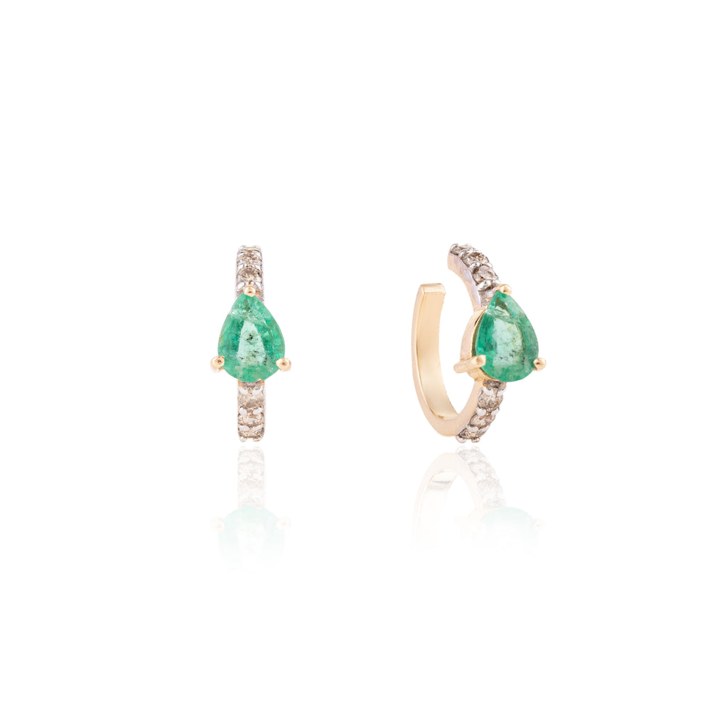 18K Gold Emerald Diamond Helix Cuff Earrings Image