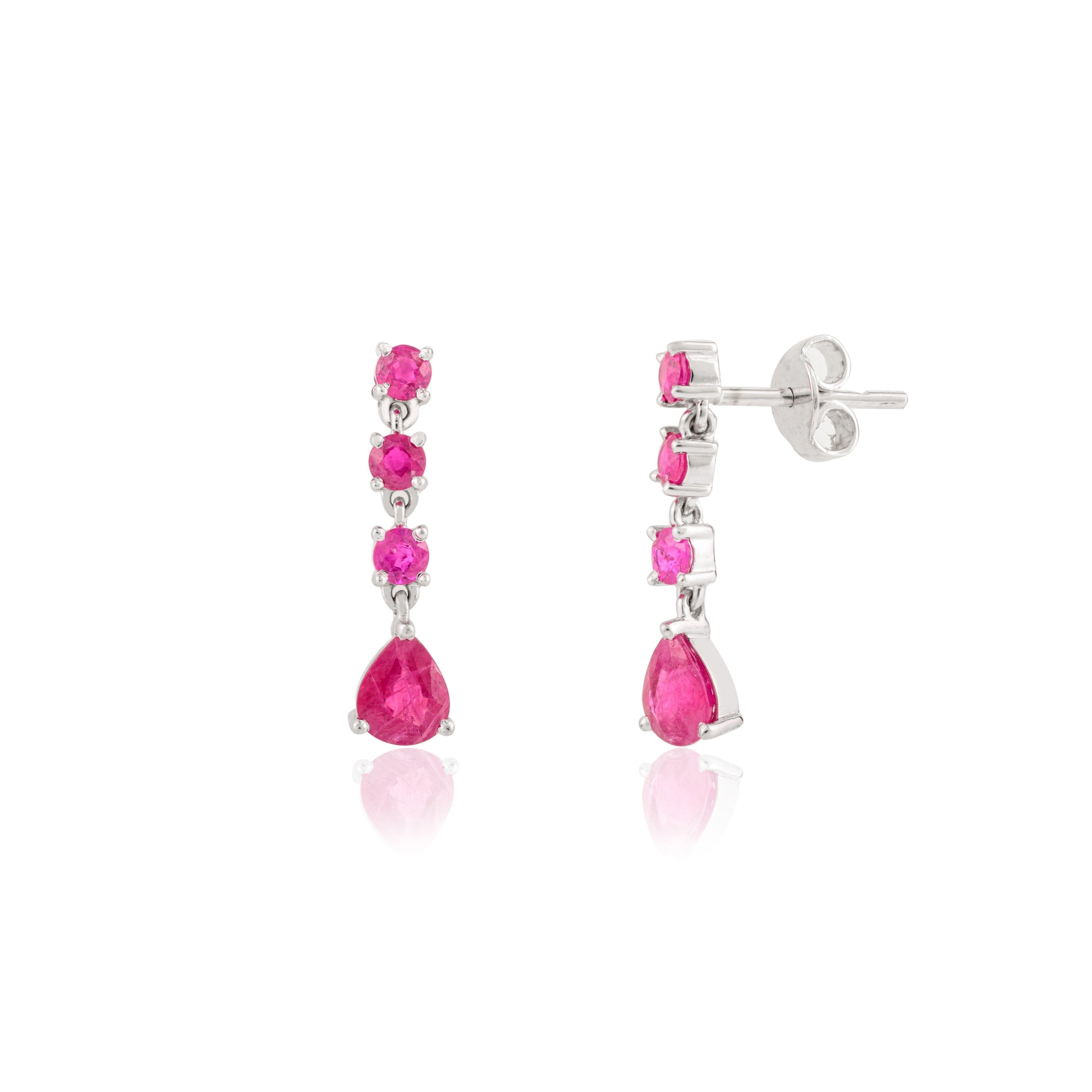 14K Solid White Gold Ruby Dangle Earrings