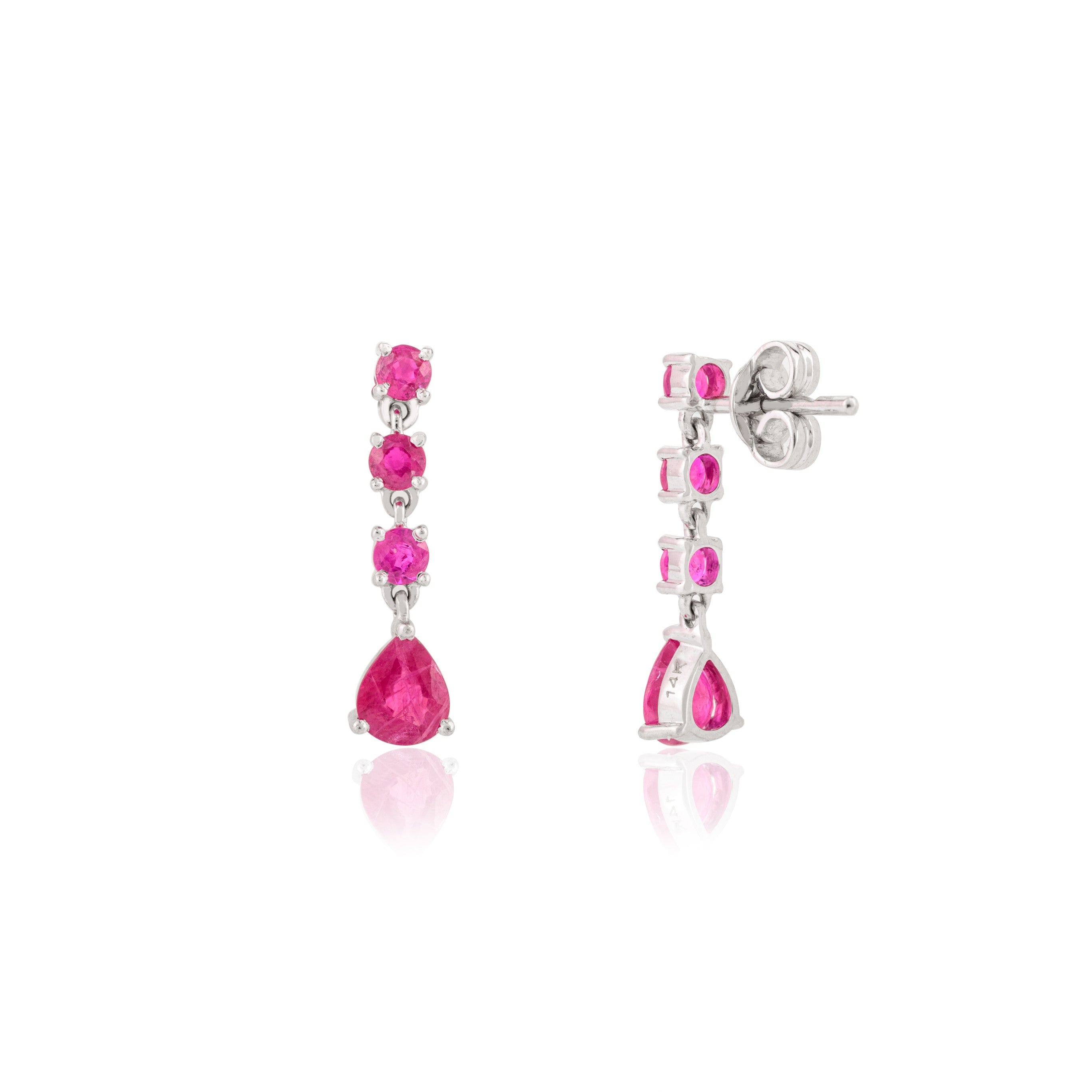 14K Solid White Gold Ruby Dangle Earrings