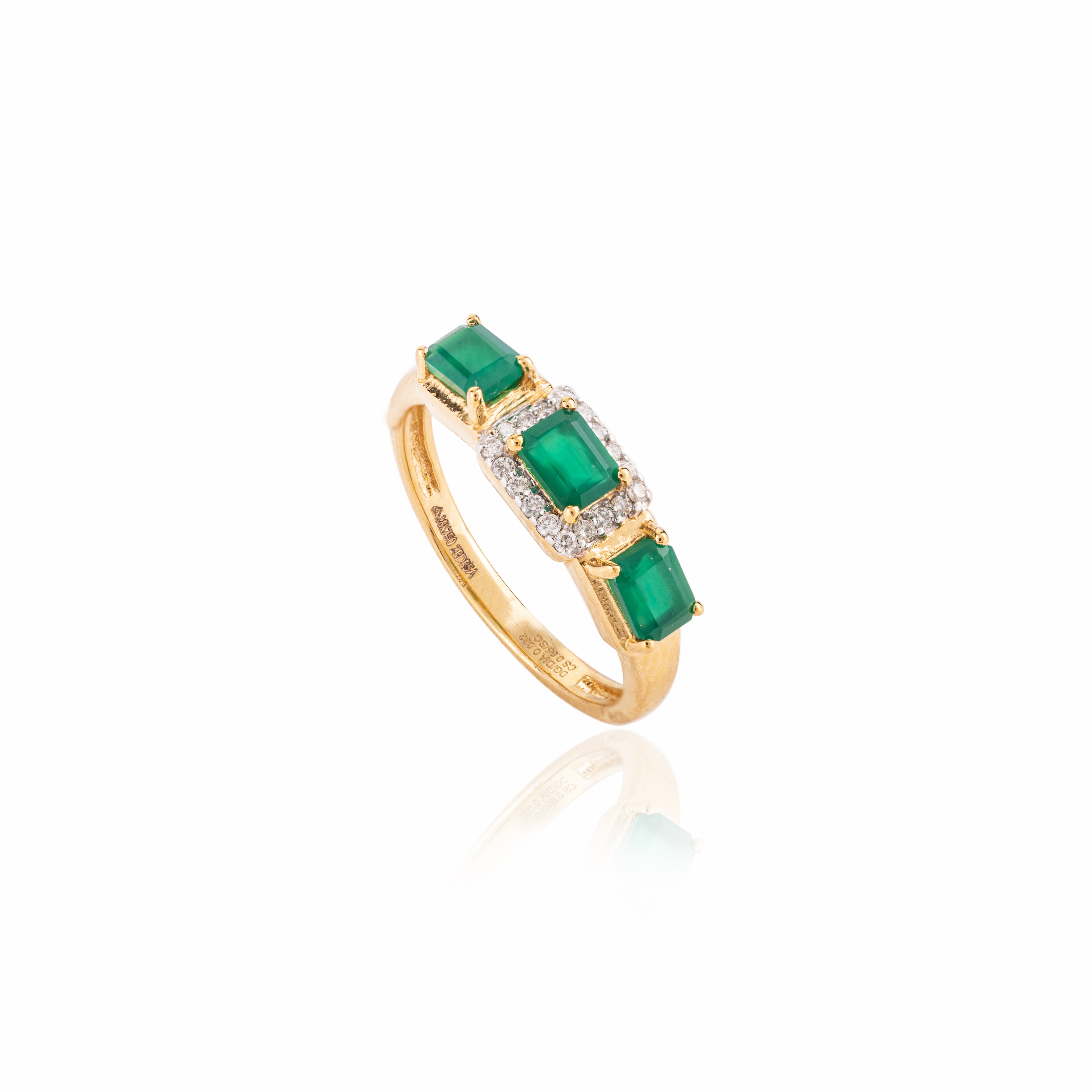18K Gold Emerald Diamond Halo Trinity Ring