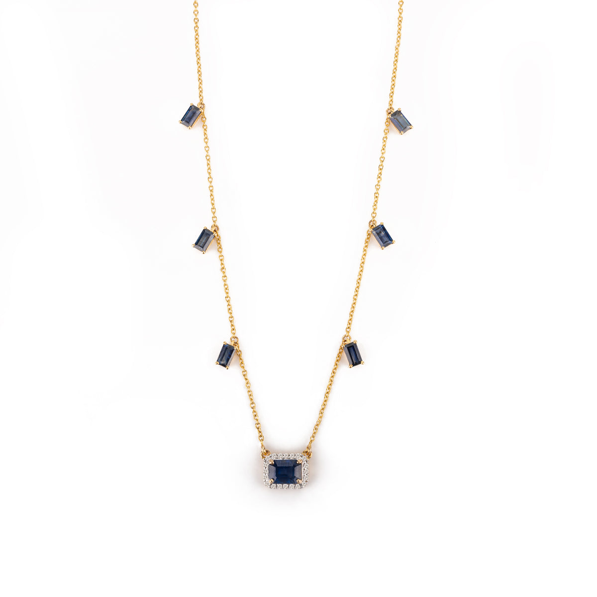 14K Gold Blue Sapphire Diamond Station Necklace