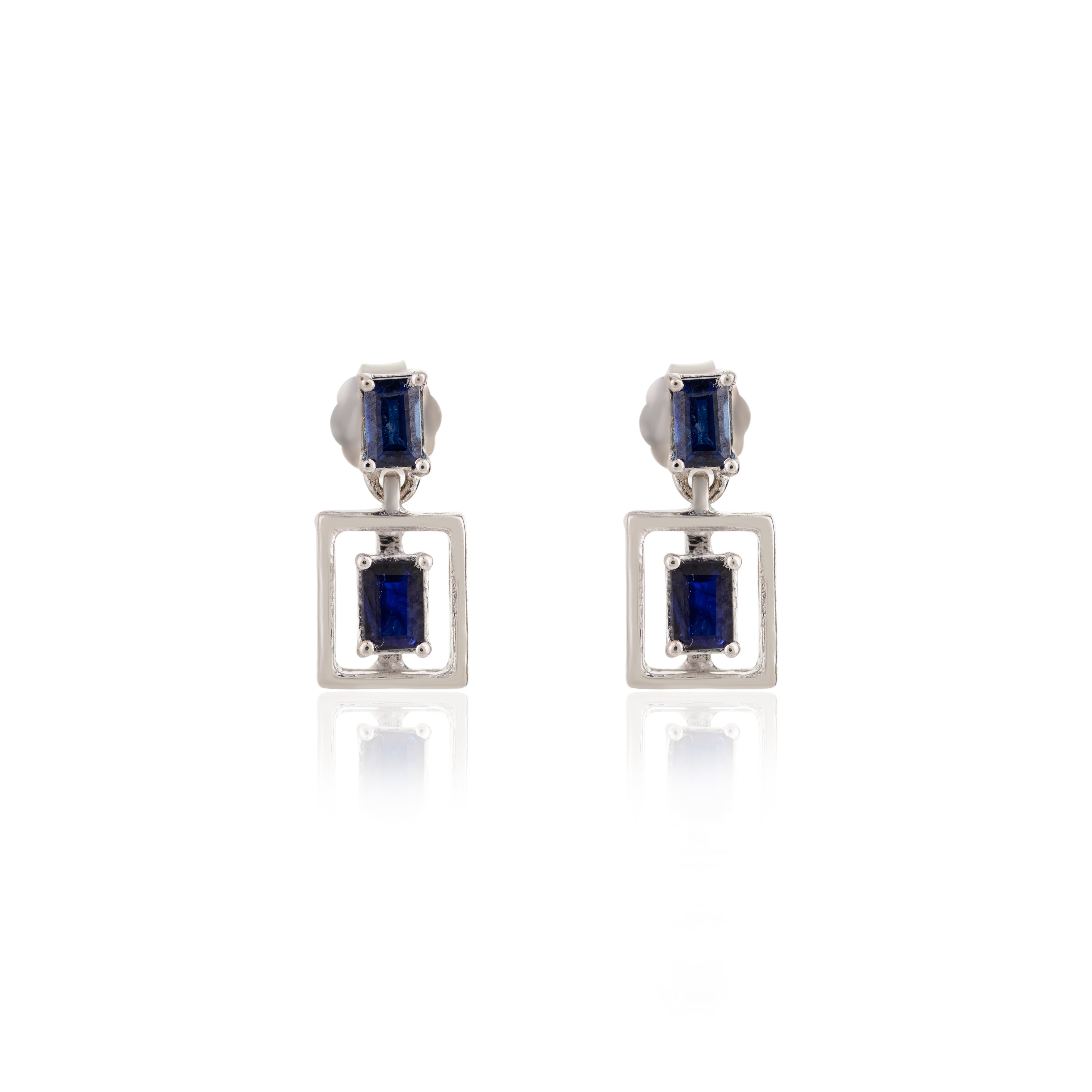 18K Gold Baguette Cut Blue Sapphire Dangle Earrings