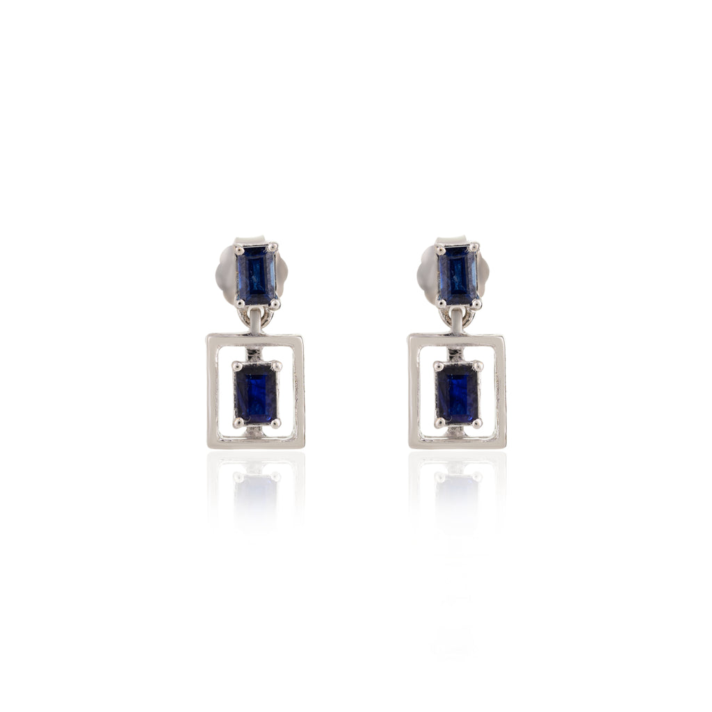 18K Gold Baguette Cut Blue Sapphire Dangle Earrings Image