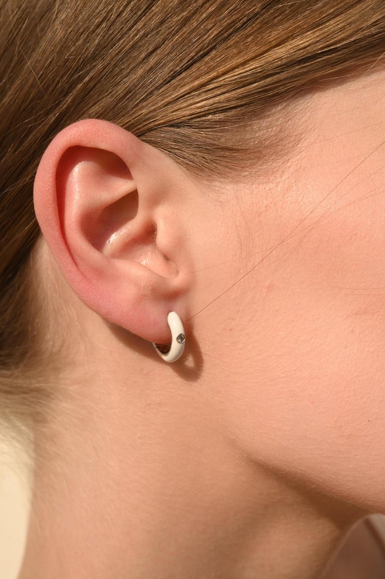 14K White Gold Enamel Huggie Hoop Diamond Earrings