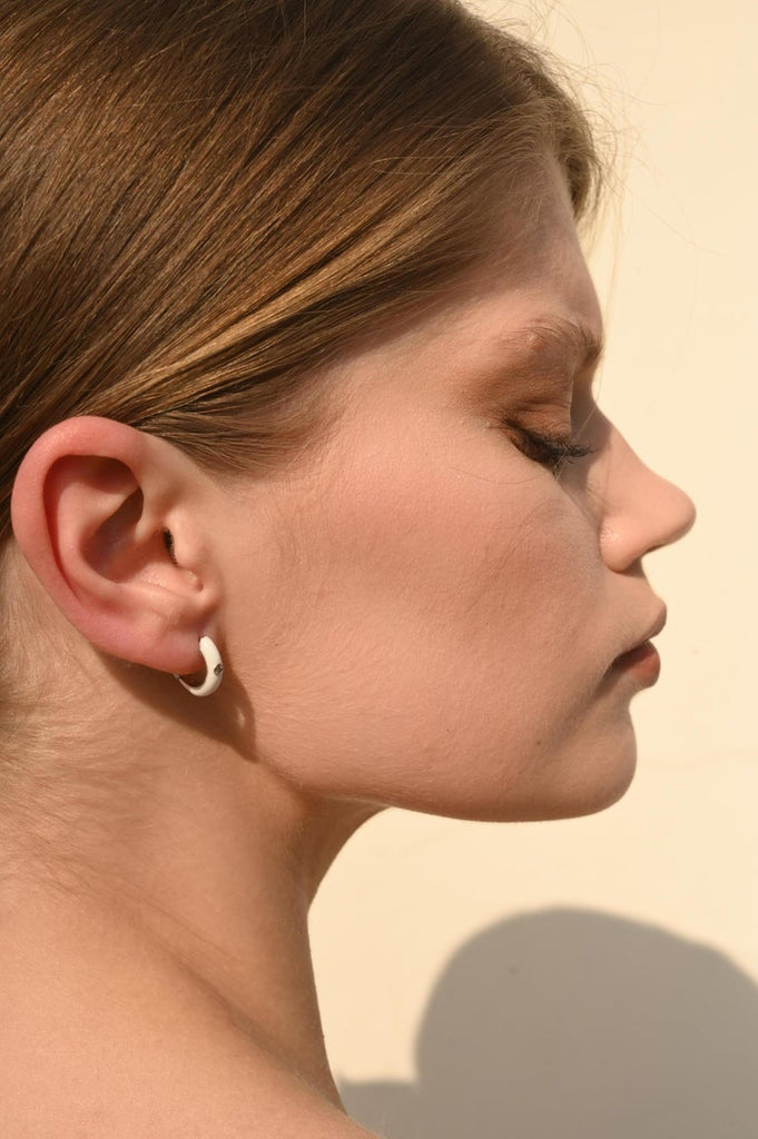 14K White Gold Enamel Huggie Hoop Diamond Earrings Image