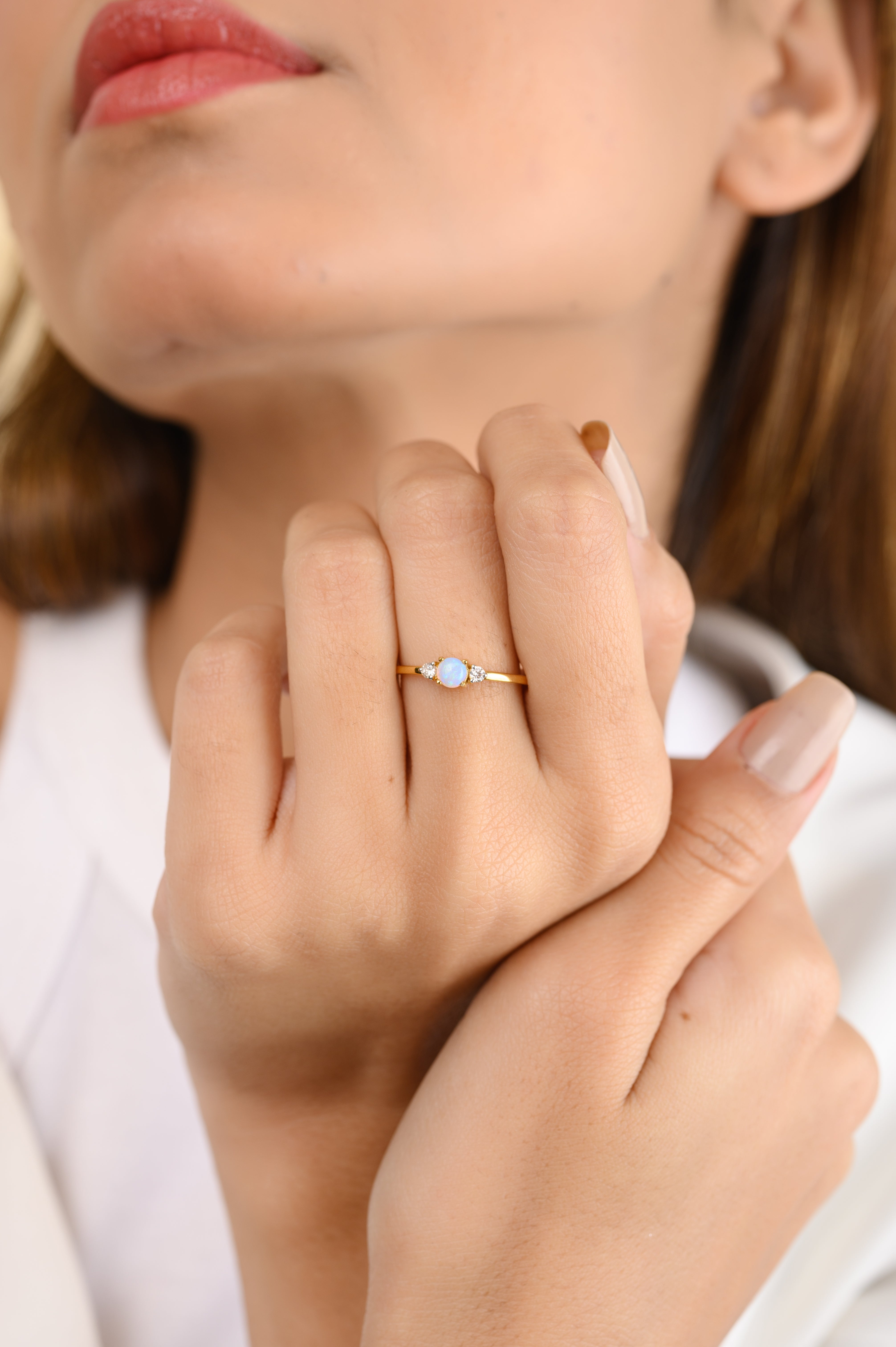 18K Gold Opal Diamond Dainty Ring