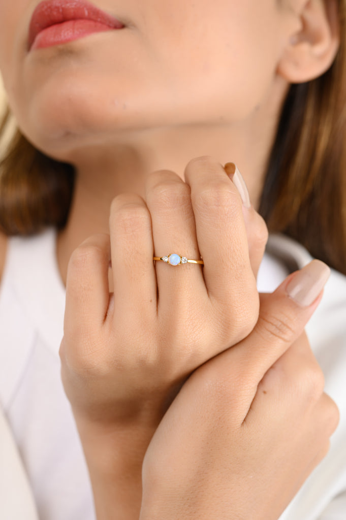 18K Gold Opal Diamond Dainty Ring Image
