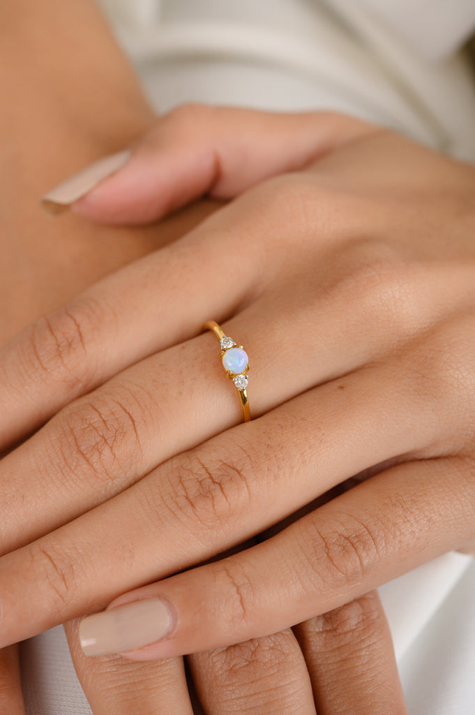 18K Gold Opal Diamond Dainty Ring Image