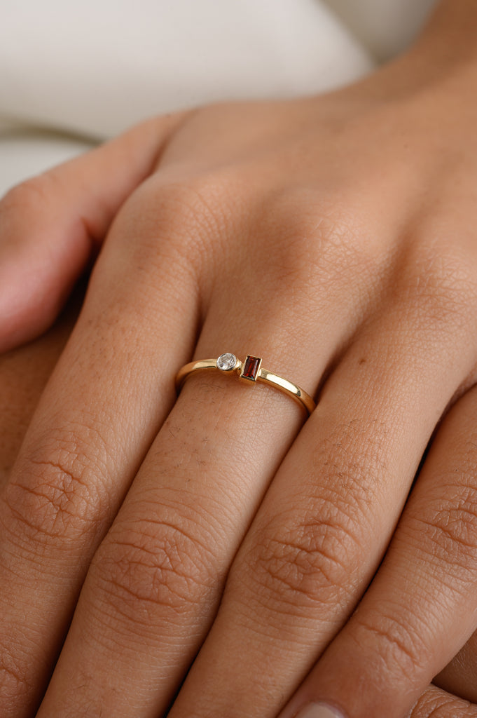 14K Gold Garnet Diamond Dainty Toi Et Moi Ring Image