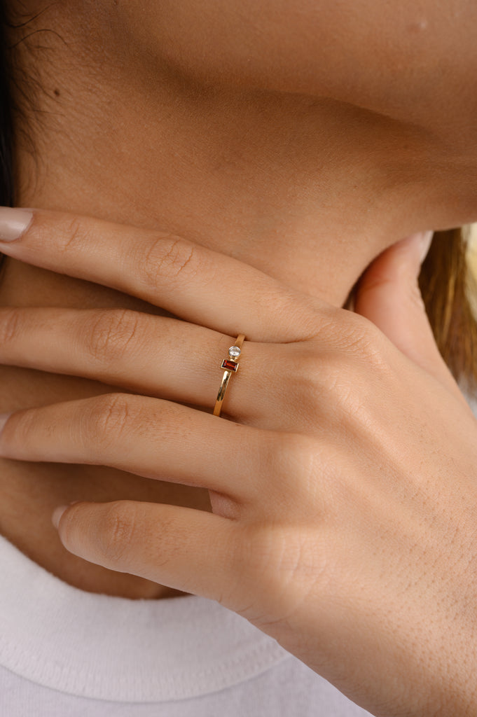 14K Gold Garnet Diamond Dainty Toi Et Moi Ring Image