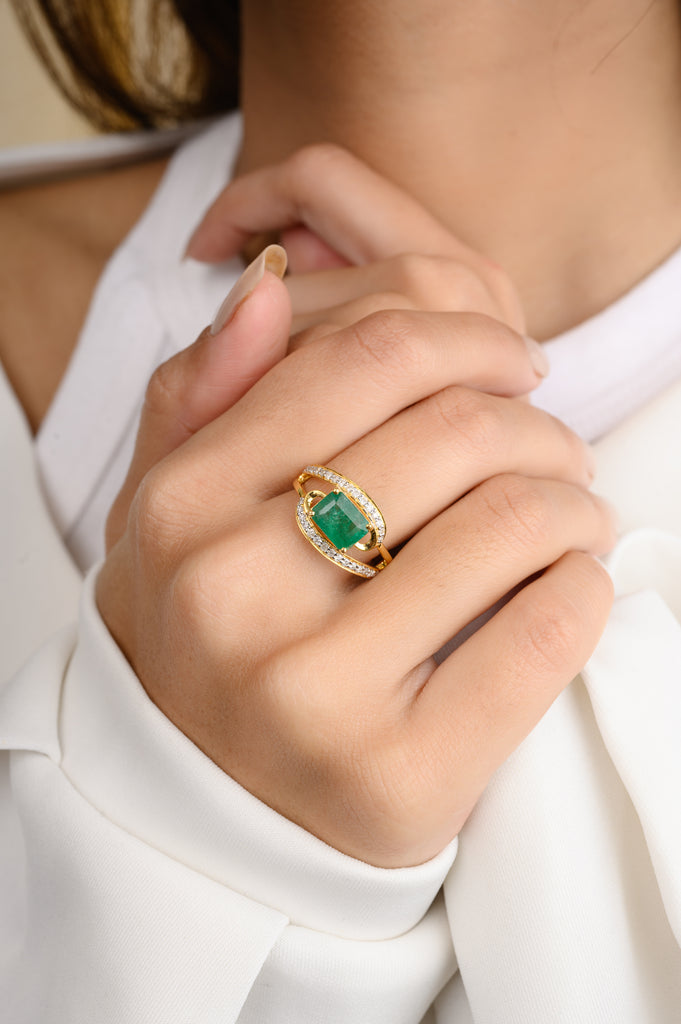 Magnificent Emerald & Diamond Bypass Ring in 18k Solid Yellow Gold Image