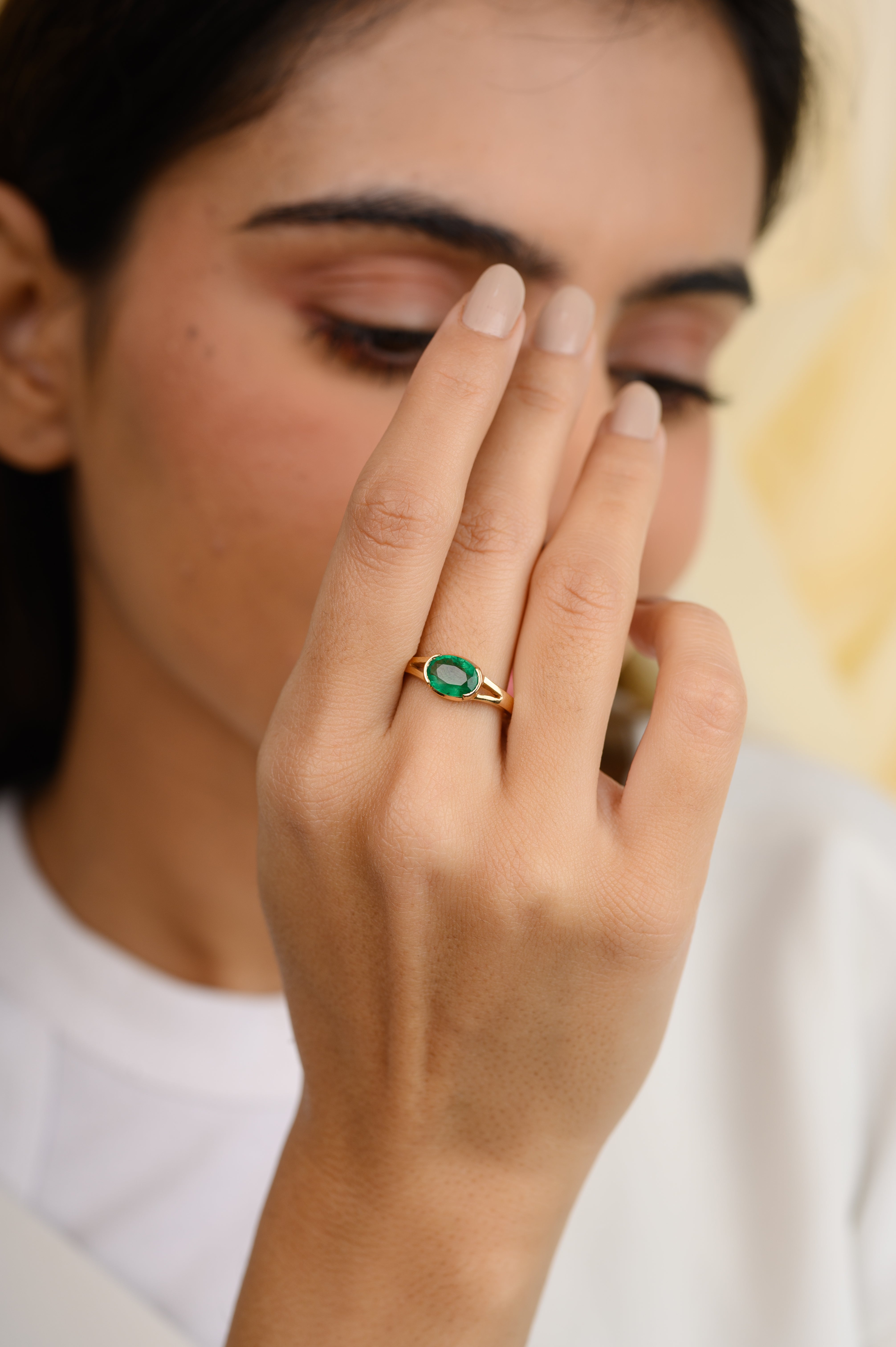 14K Solid Gold Emerald East West Statement Ring