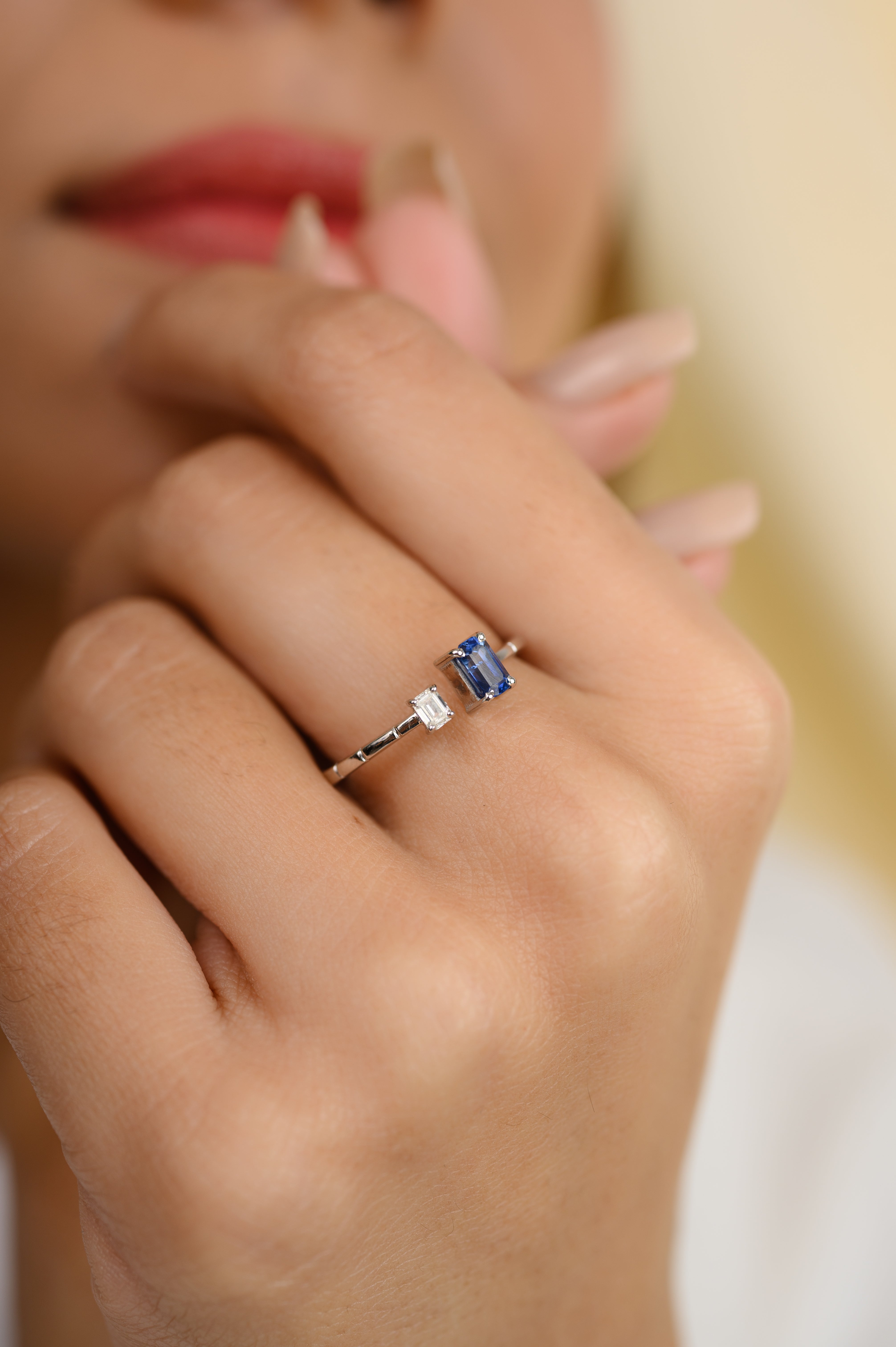 18K Gold Blue Sapphire & Diamond Open Ring
