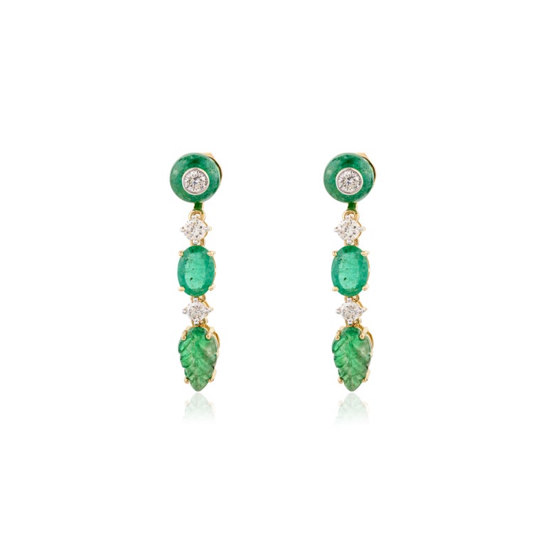 18K Yellow Gold Carved Emerald Diamond Earrings Image