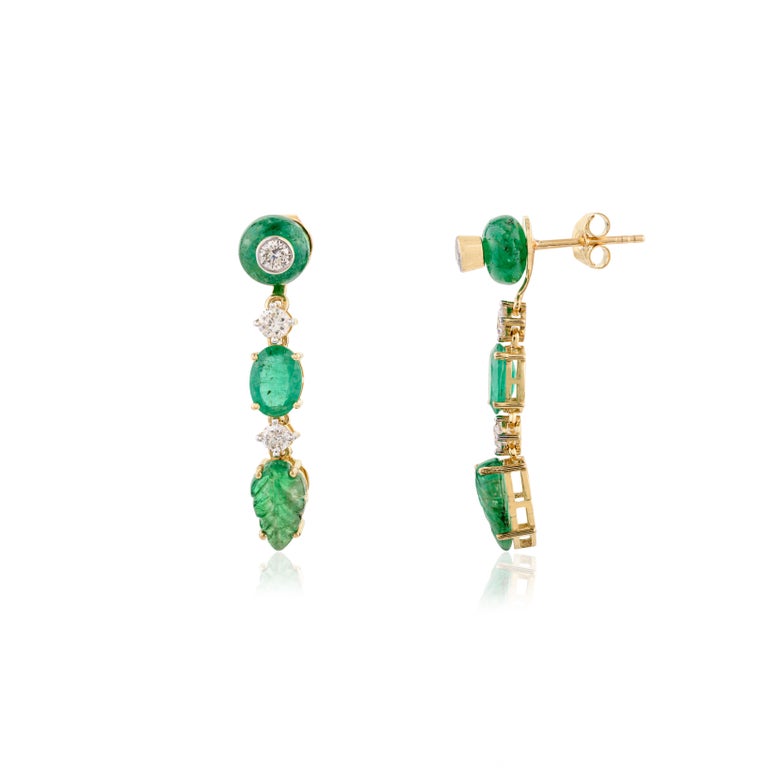 18K Yellow Gold Carved Emerald Diamond Earrings