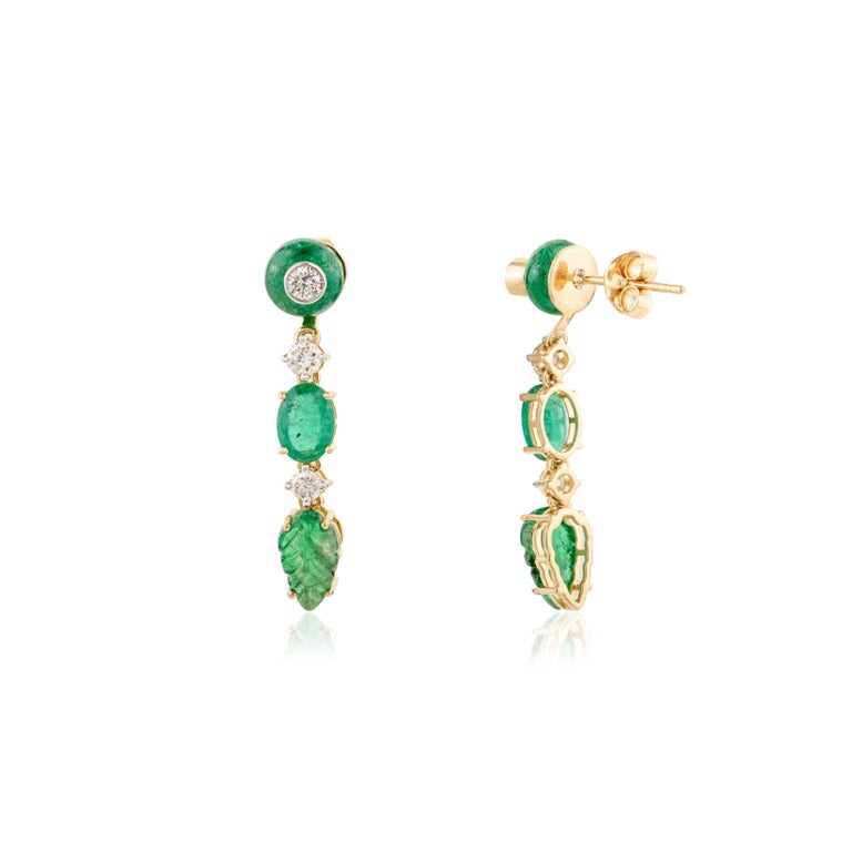 18K Yellow Gold Carved Emerald Diamond Earrings