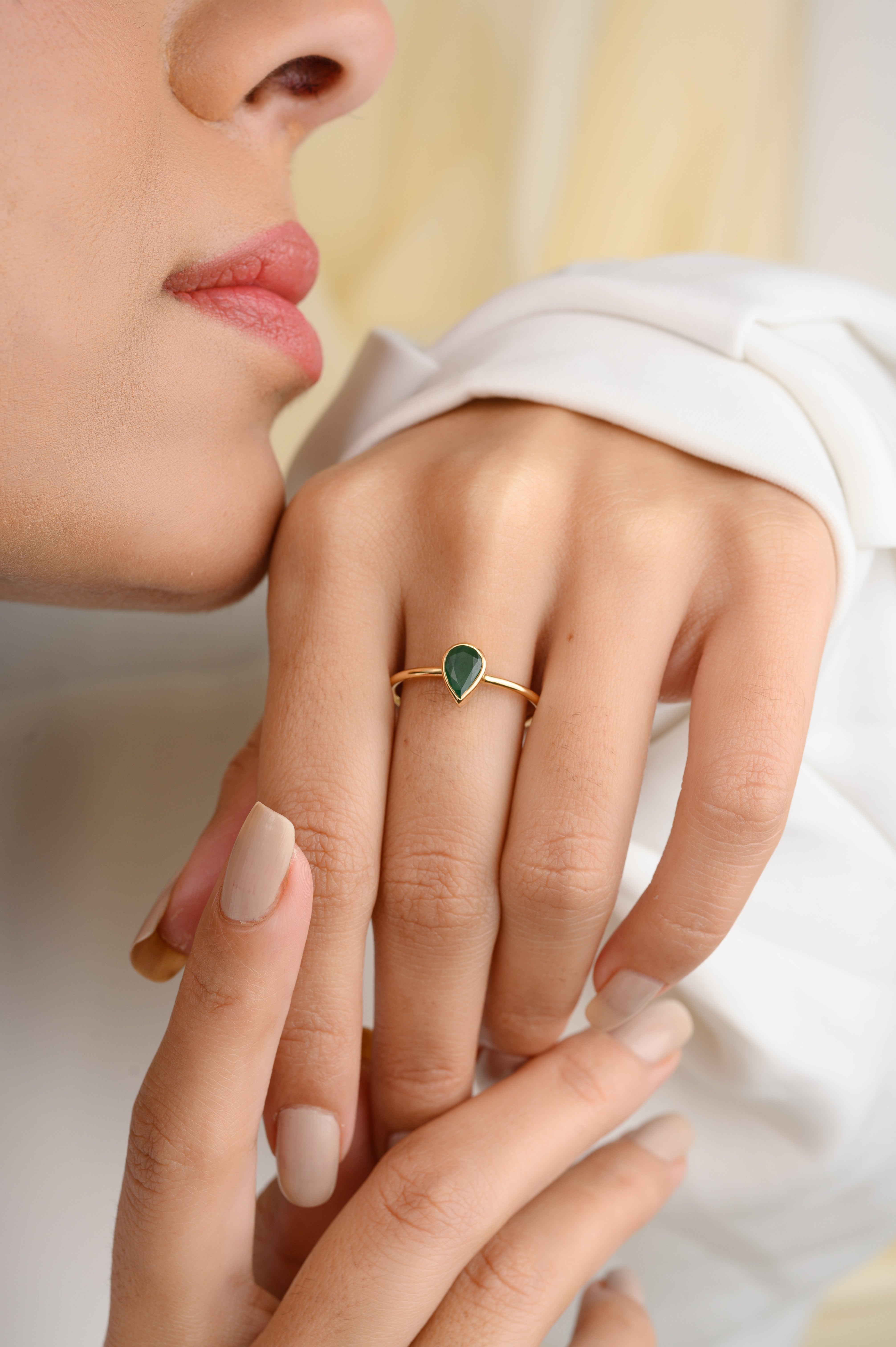 18k Yellow Gold Dainty Pear Cut Emerald Ring