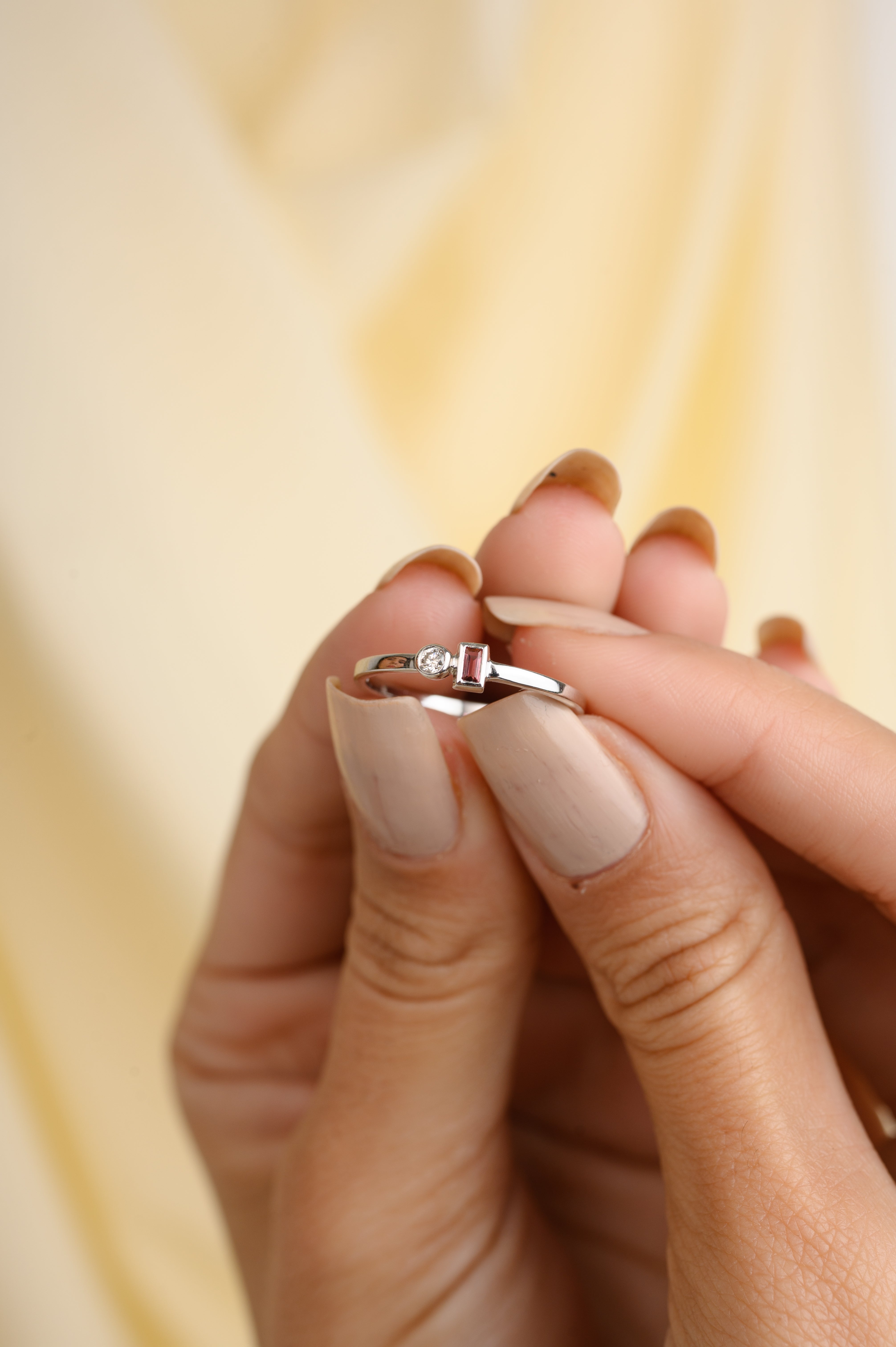 14K White Gold Tourmaline Diamond Adjustable Ring