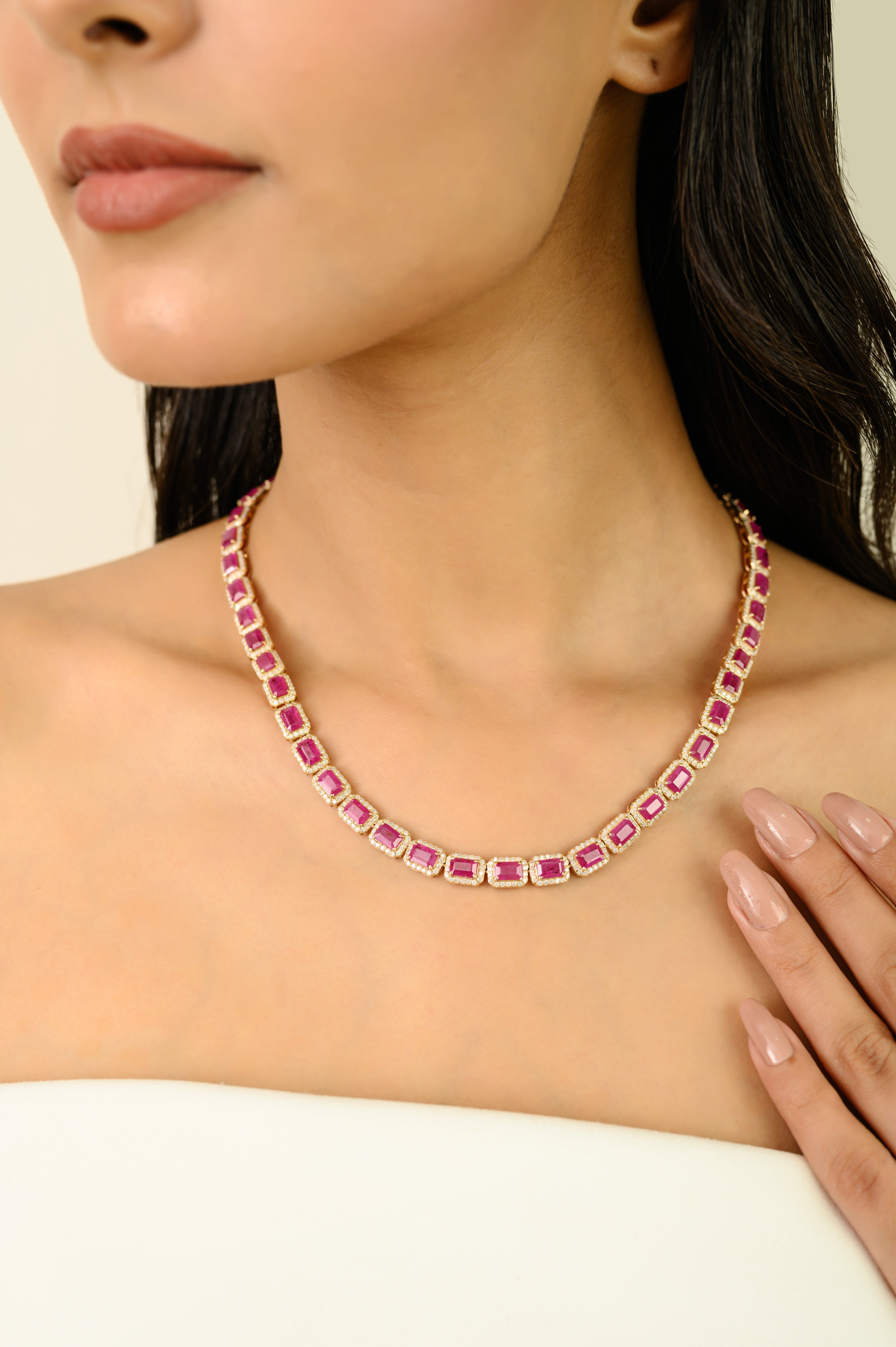 14K Gold Regal 27.47 Carat Ruby Diamond Statement Tennis Necklace