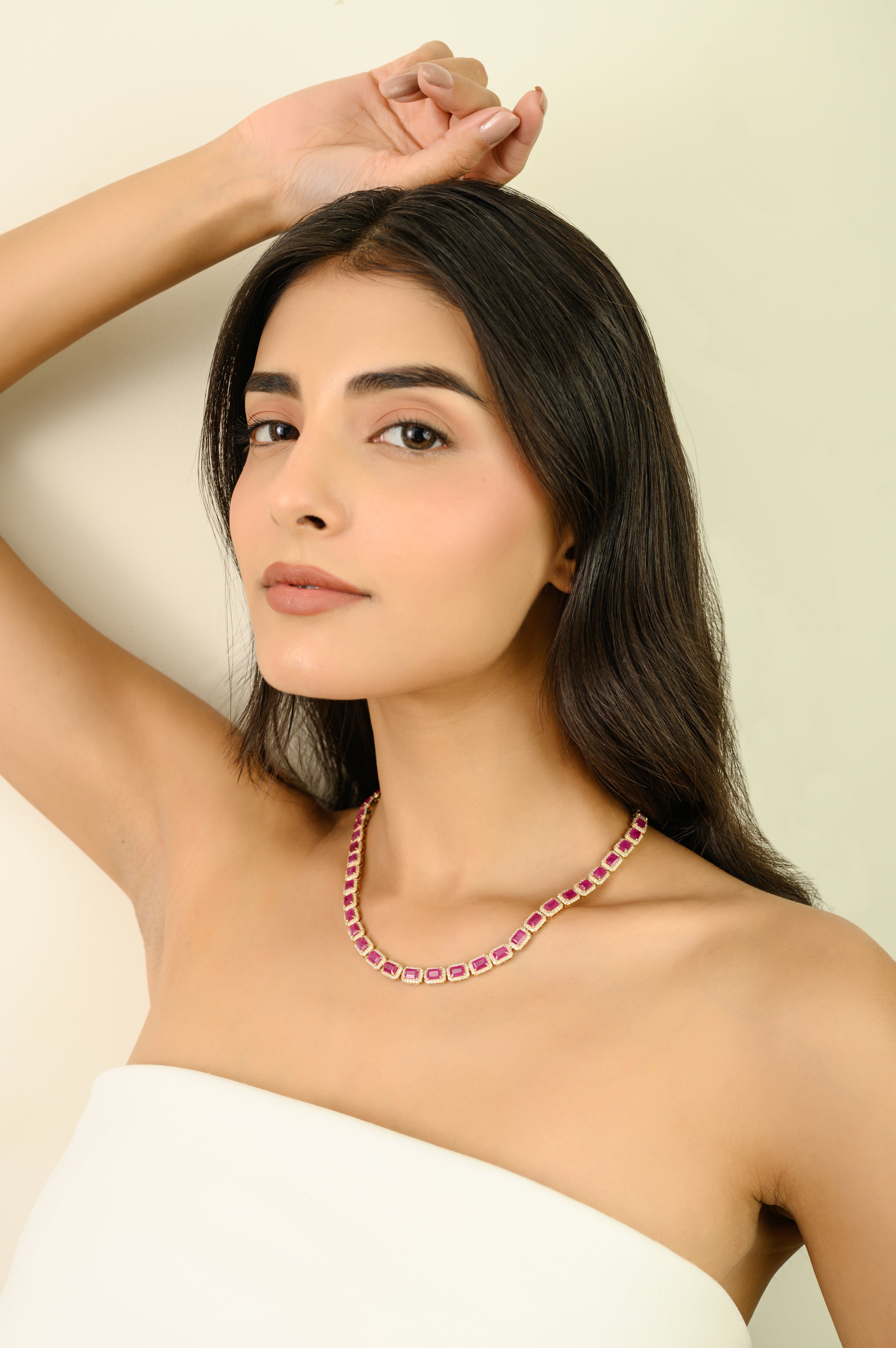 14K Gold Regal 27.47 Carat Ruby Diamond Statement Tennis Necklace