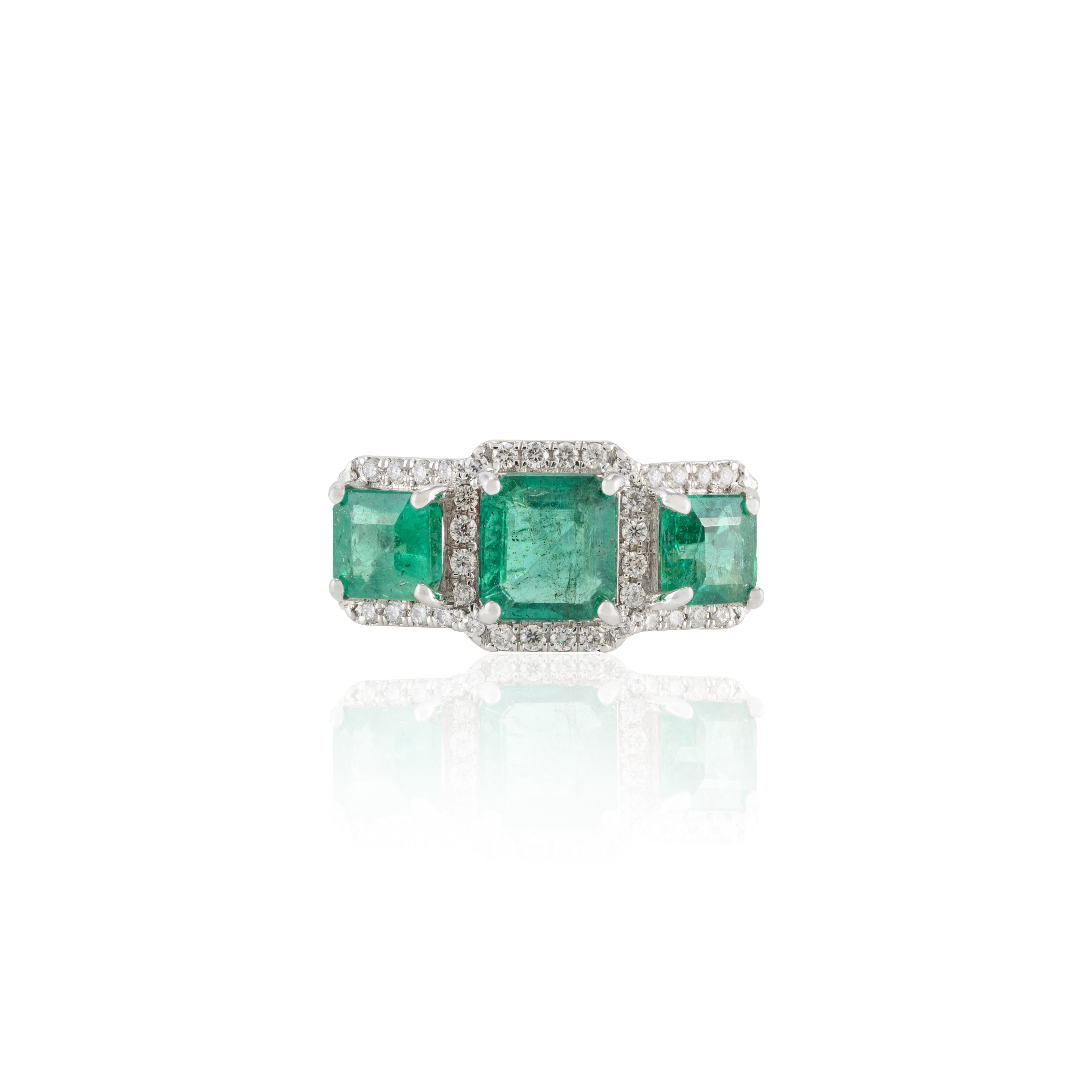 18K Gold Emerald Diamond Three Stone Ring