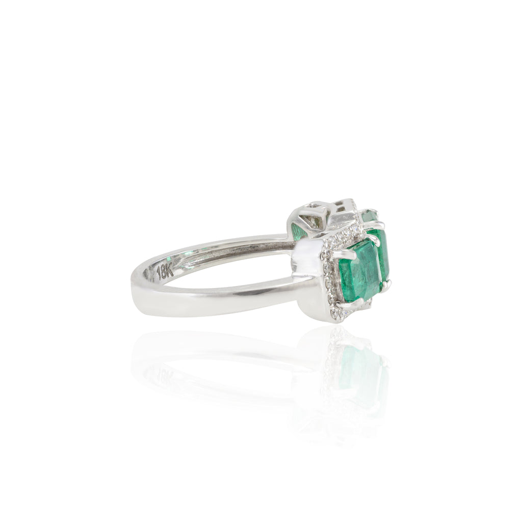 18K Gold Emerald Diamond Three Stone Ring Image