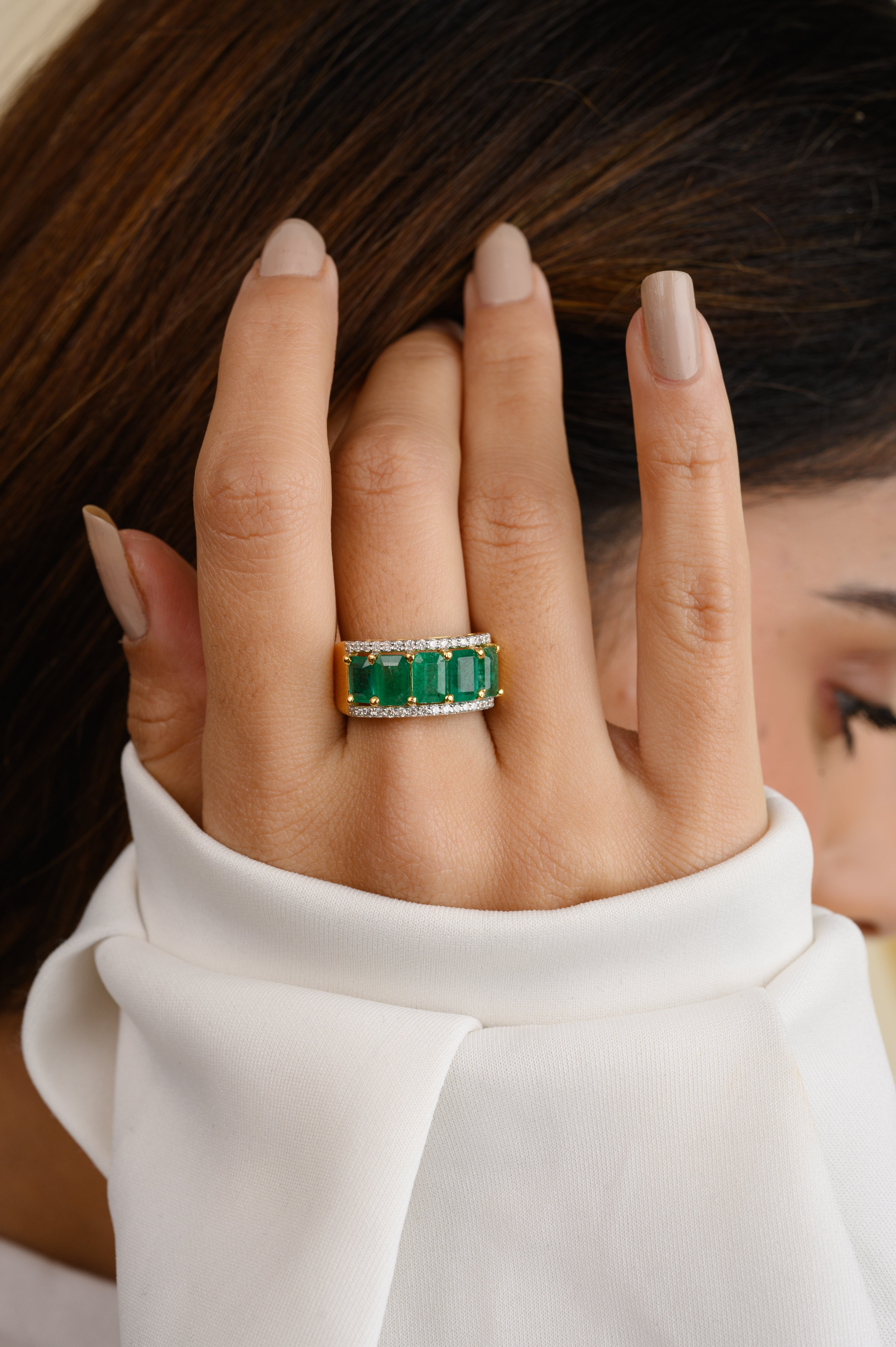 18k Gold Five Stone Emerald Diamond Engagement Band Ring