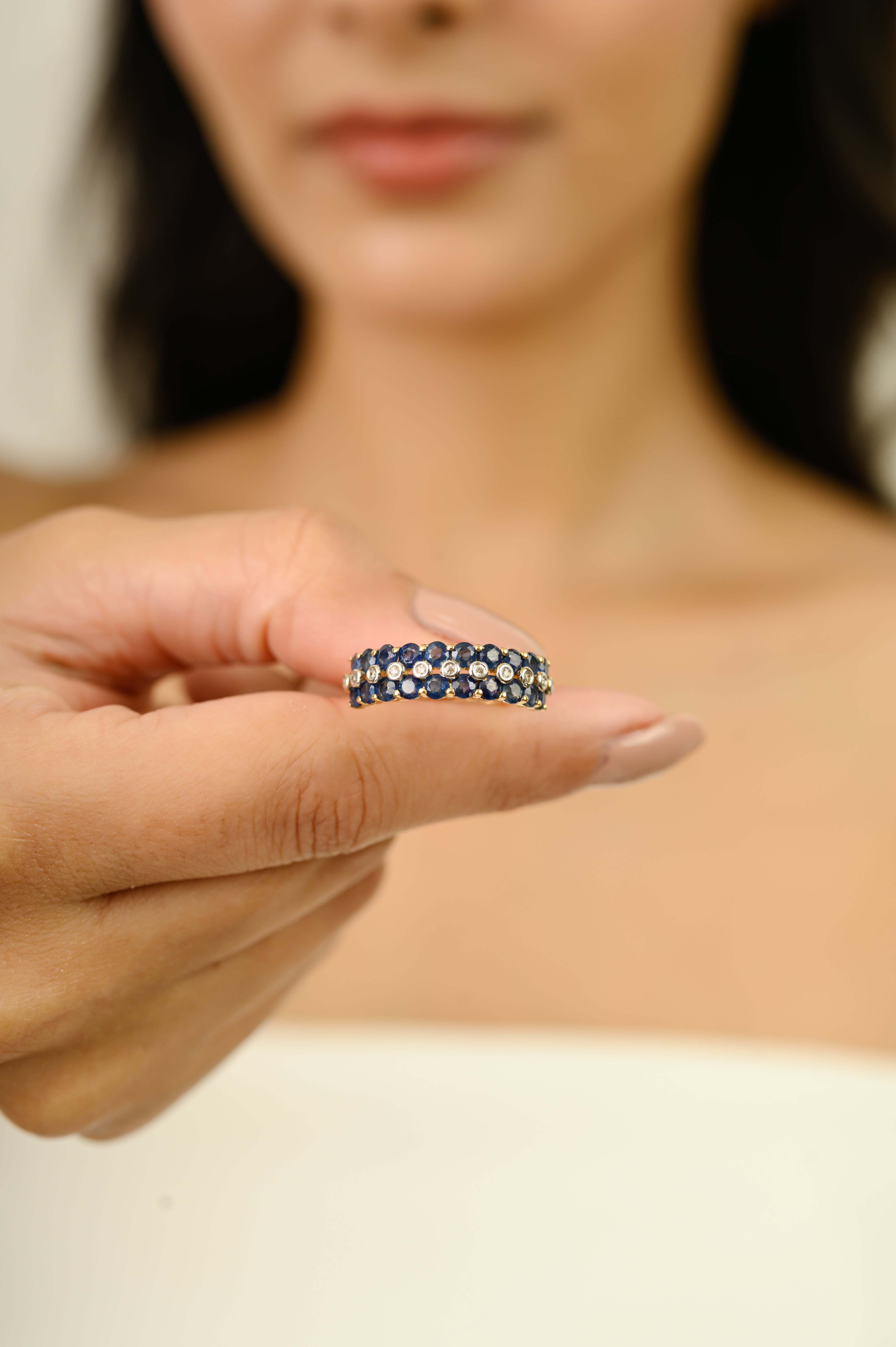 14K Gold Chic Style Sapphire Diamond Wedding Band Ring