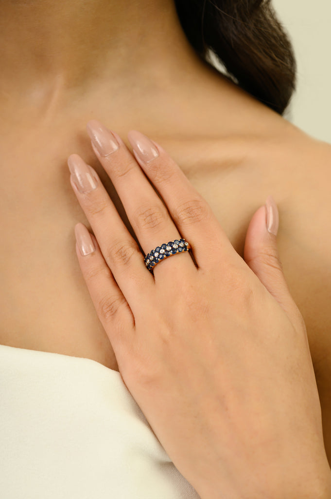 14K Gold Chic Style Sapphire Diamond Wedding Band Ring Image