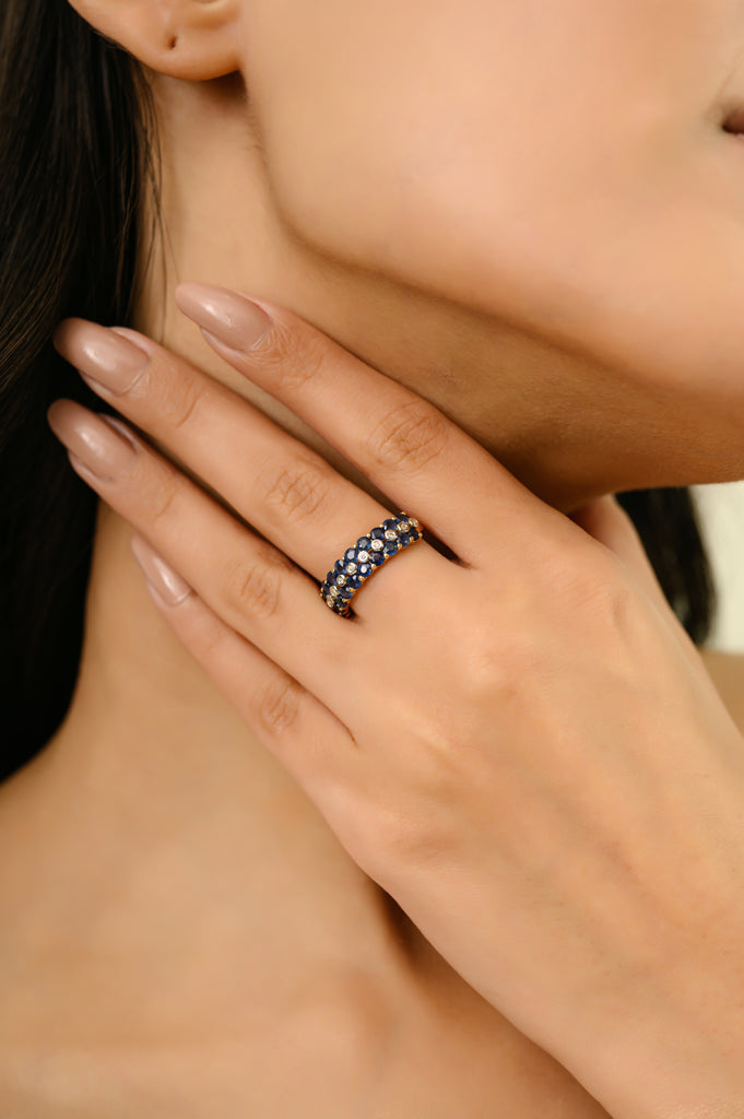 14K Gold Chic Style Sapphire Diamond Wedding Band Ring Image