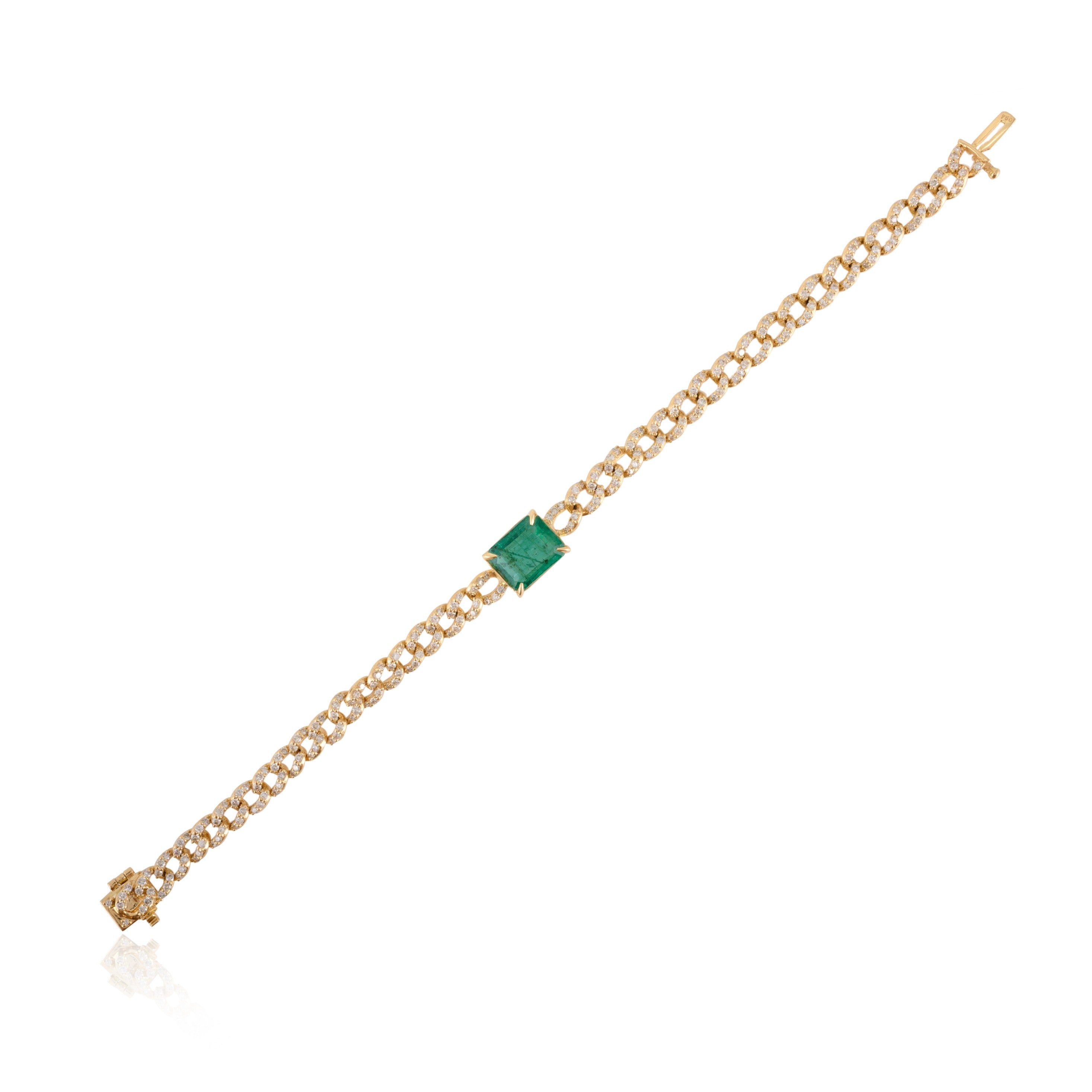 18K Gold Emerald & Diamond Curb Chain Bracelet