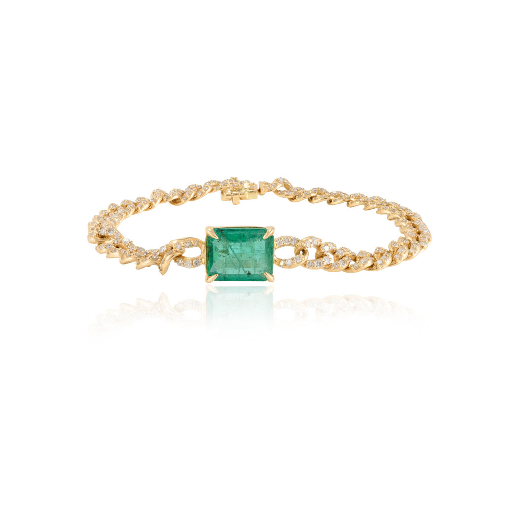 18K Gold Emerald & Diamond Curb Chain Bracelet Image